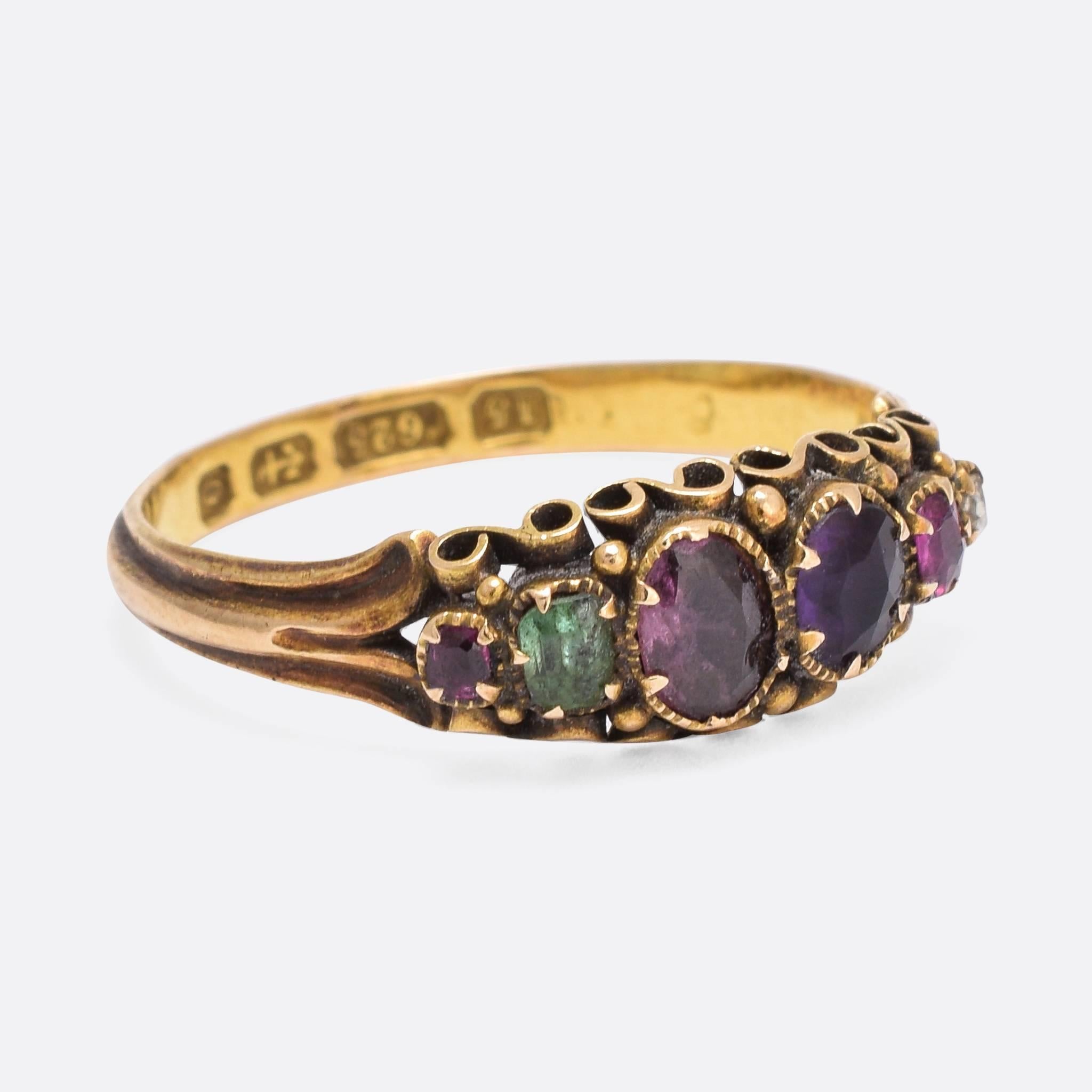 This wonderful Victorian acrostic ring is modelled in 15ct rose gold, with clear hallmarks for the year 1863. All original, first letter of each gemstone spells out the romantic sentiment "REGARD": ruby emerald garnet amethyst ruby