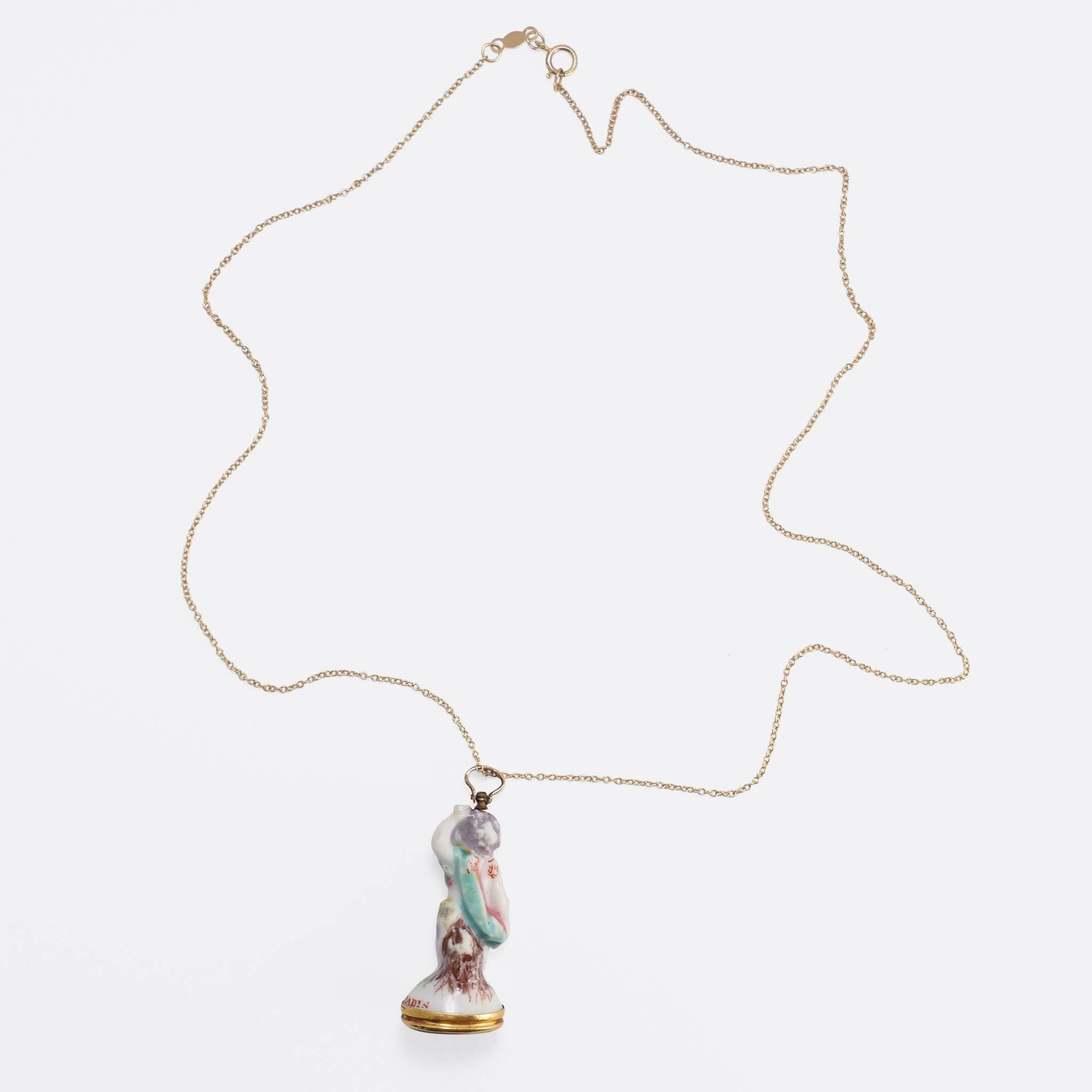 Women's or Men's 18th Century Derby Chelsea “Cupid on Tree-stump with Mug” Porcelain Fob Pendant
