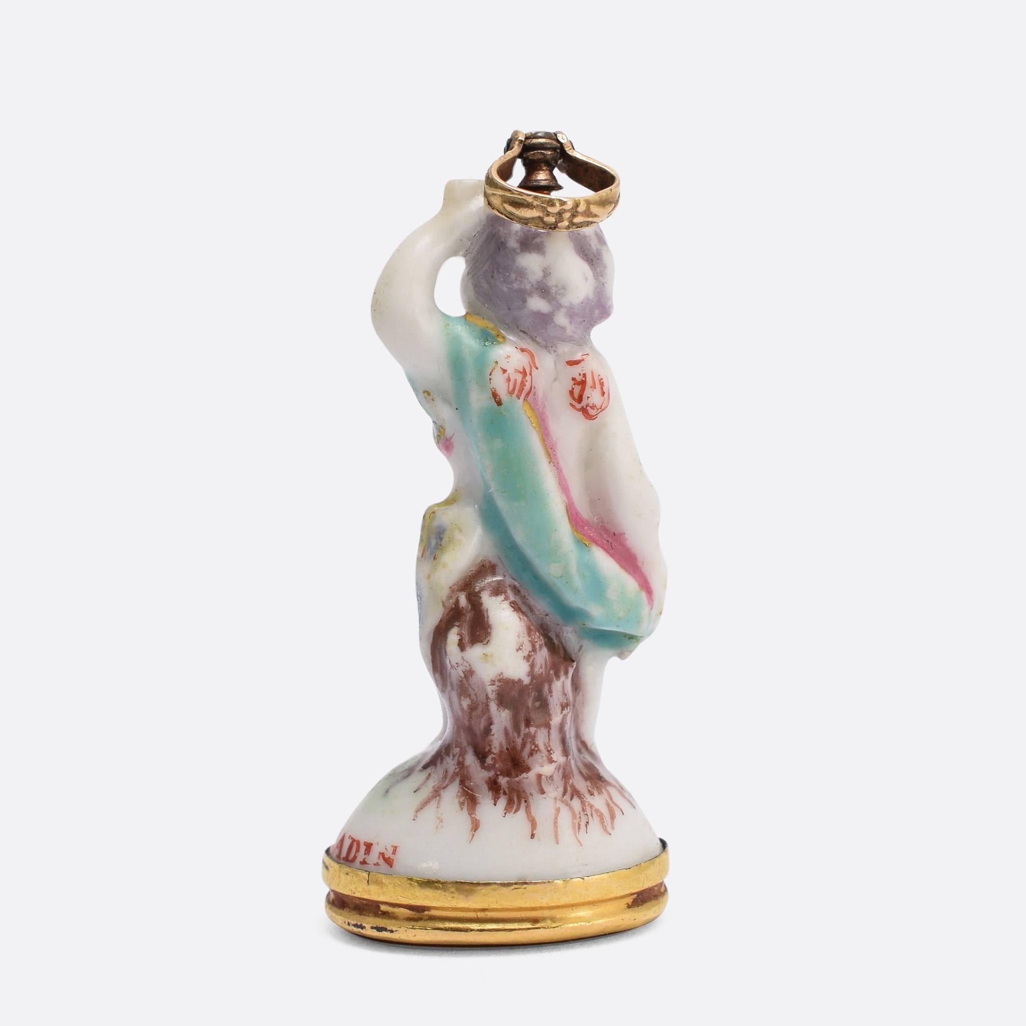 Georgian 18th Century Derby Chelsea “Cupid on Tree-stump with Mug” Porcelain Fob Pendant