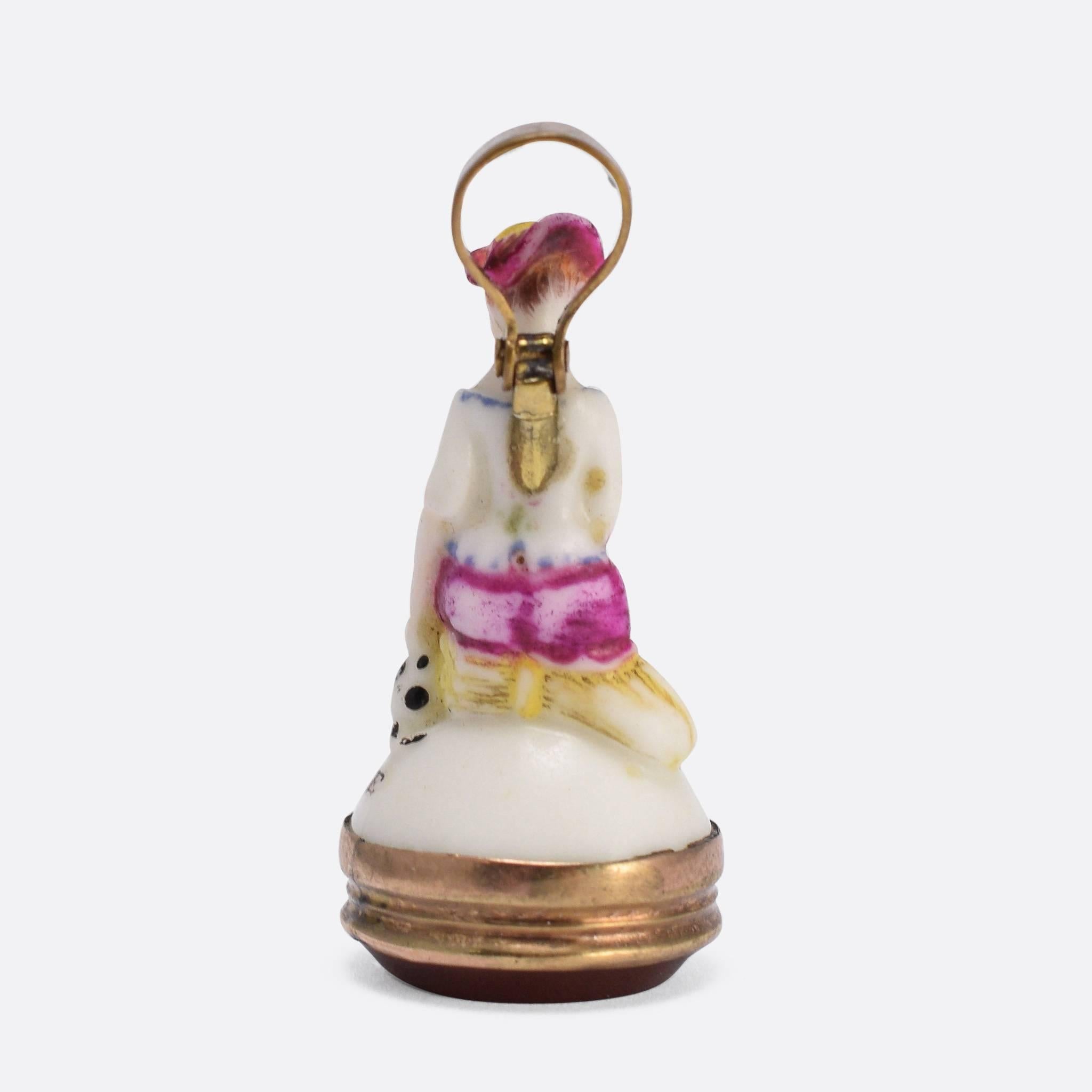 18th Century Derby Chelsea “Lady and Dalmation Puppy” Porcelain Fob Pendant In Excellent Condition In Sale, Cheshire