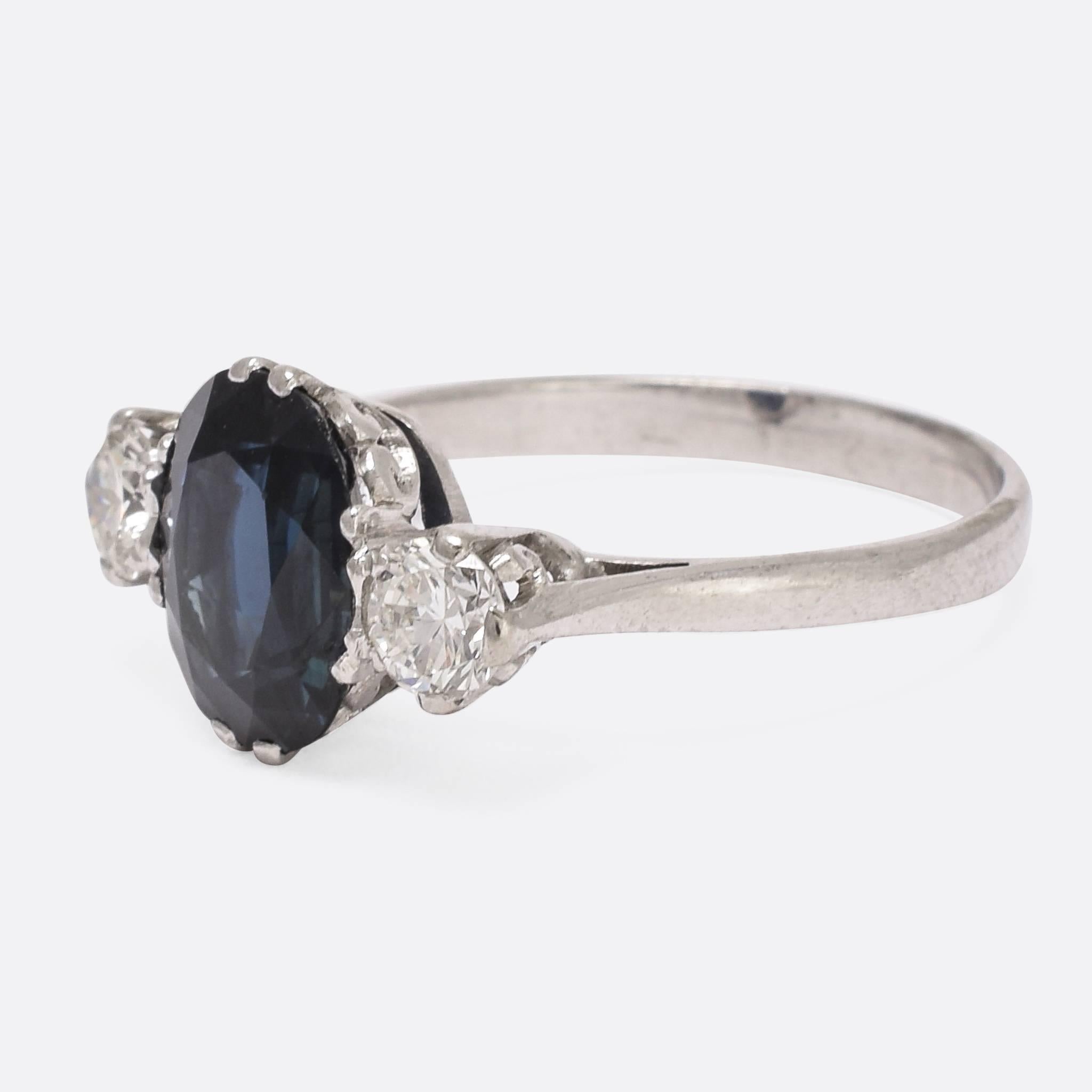 Art Deco Natural Sapphire Diamond Trilogy Engagement Ring In Excellent Condition In Sale, Cheshire