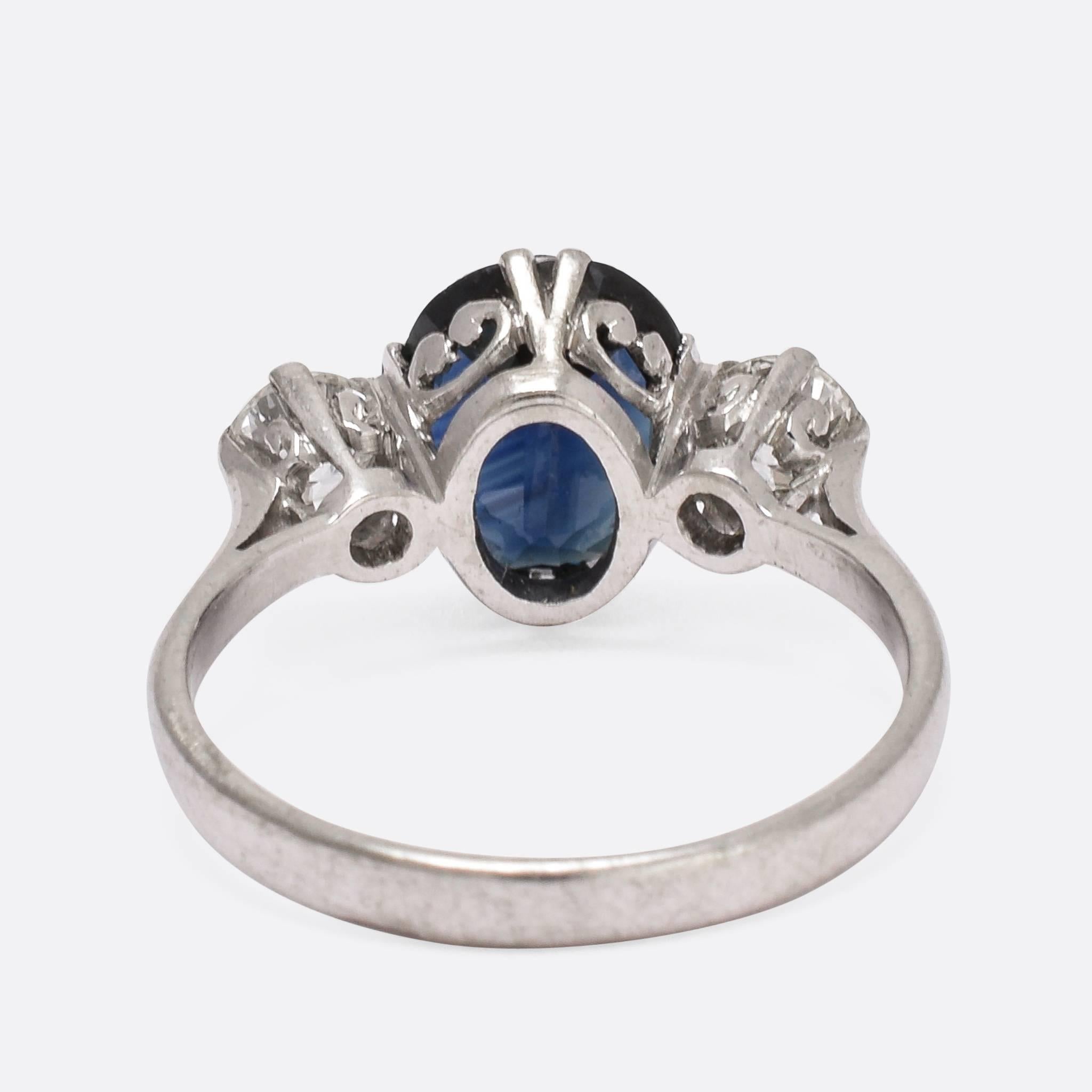 Women's Art Deco Natural Sapphire Diamond Trilogy Engagement Ring