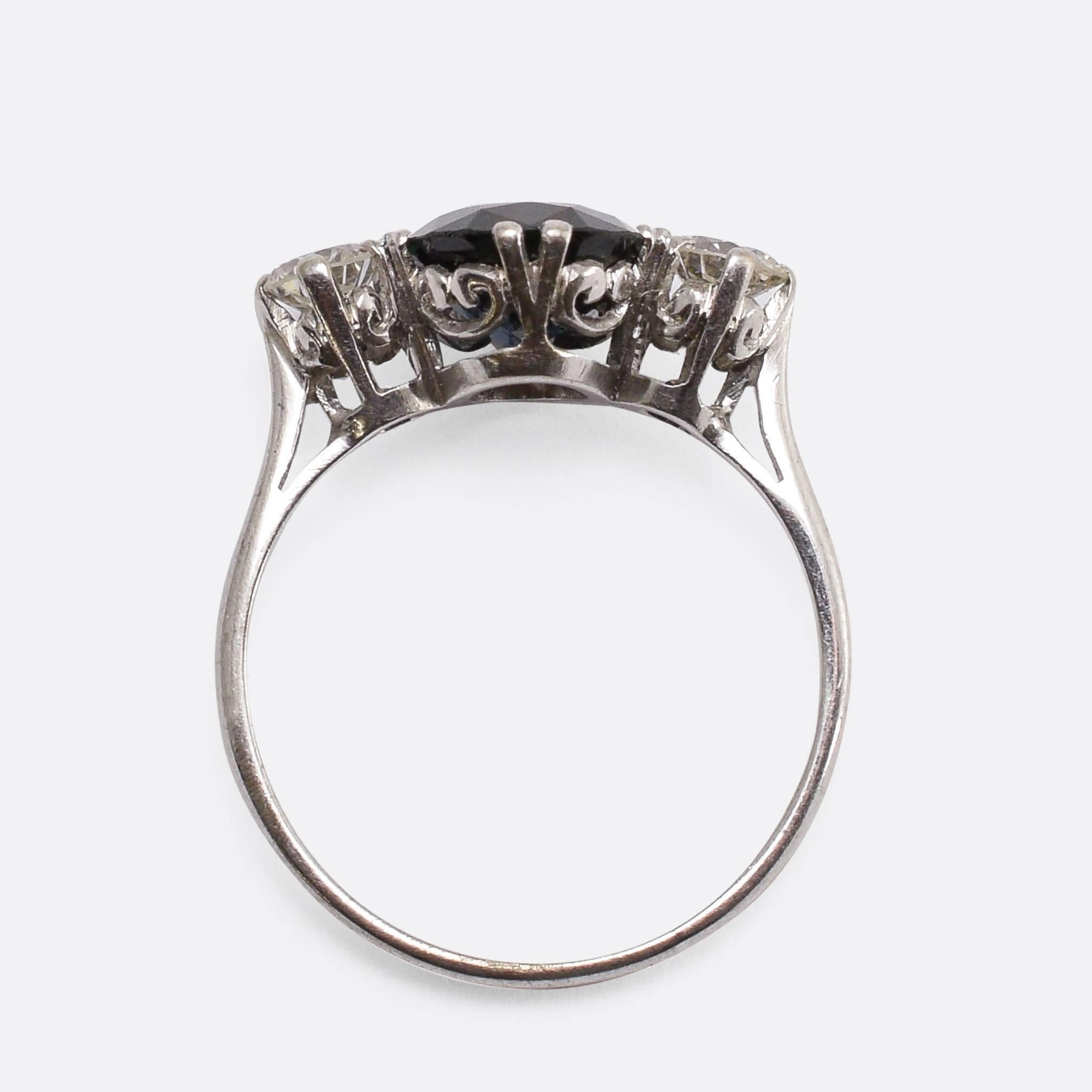 Art Deco Natural Sapphire Diamond Trilogy Engagement Ring 1