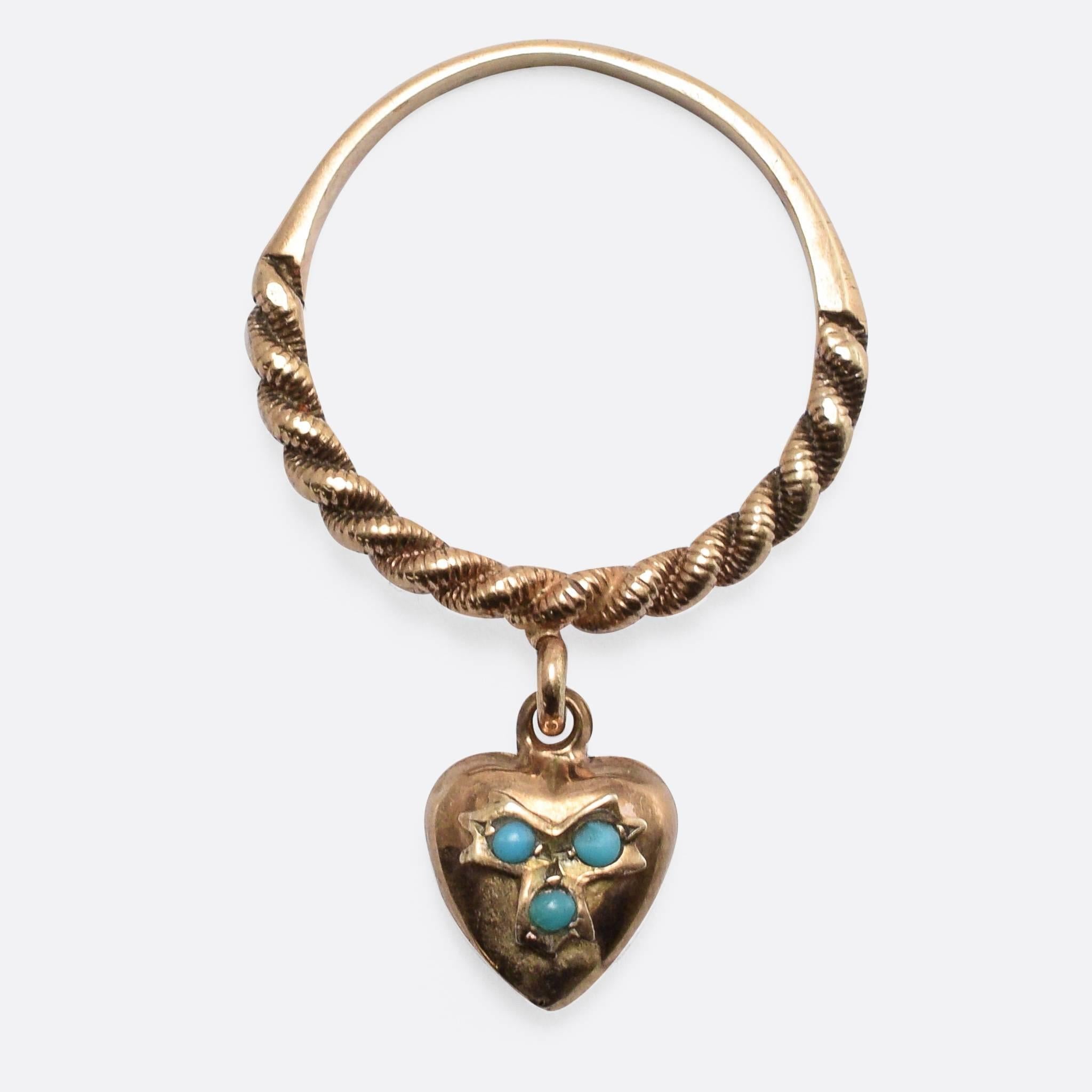 Women's Antique Victorian Turquoise Dangling Heart Ring