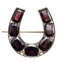 Antique Victorian Garnet Diamond Oversized Horseshoe Brooch