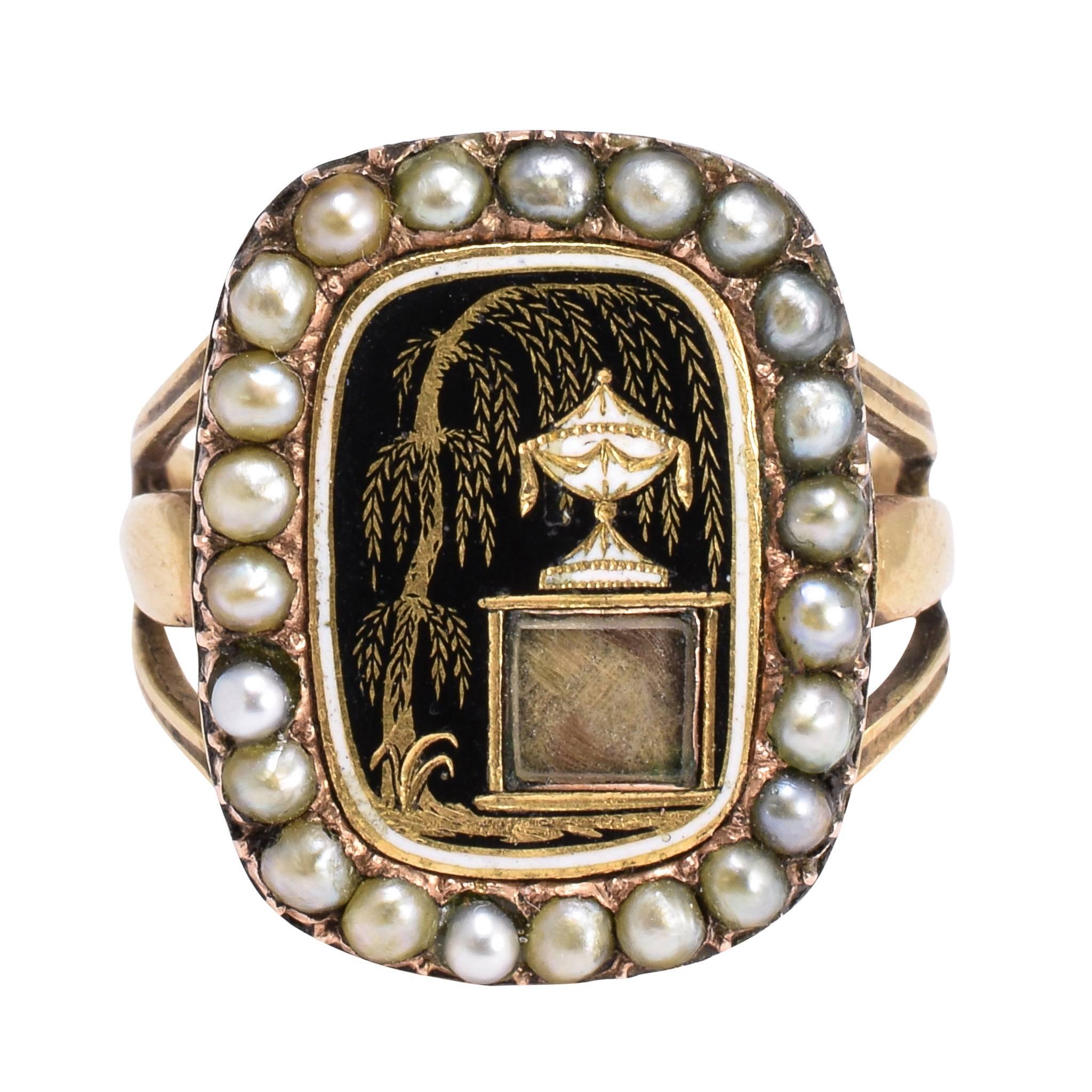 Antique Georgian Enamelled "Urn and Weeping Willow" Pearl Mourning Ring