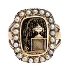 Antique Georgian Enamelled "Urn and Weeping Willow" Pearl Mourning Ring