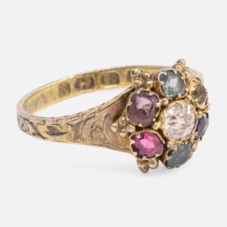 This splendid mid-Victorian acrostic ring is set with stones that spell out the romantic sentiment 