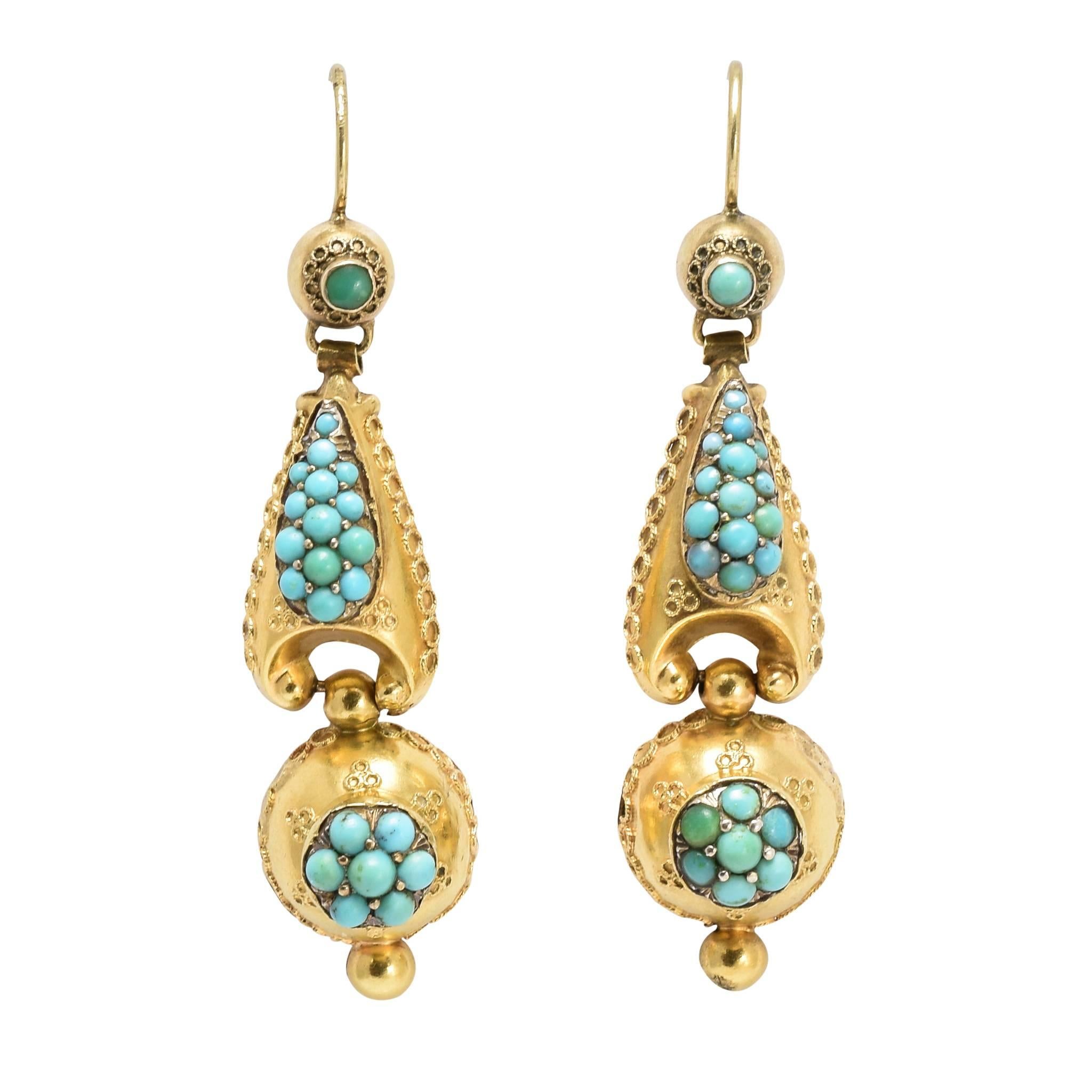 Antique Victorian Pavé Turquoise Etruscan Revival Earrings