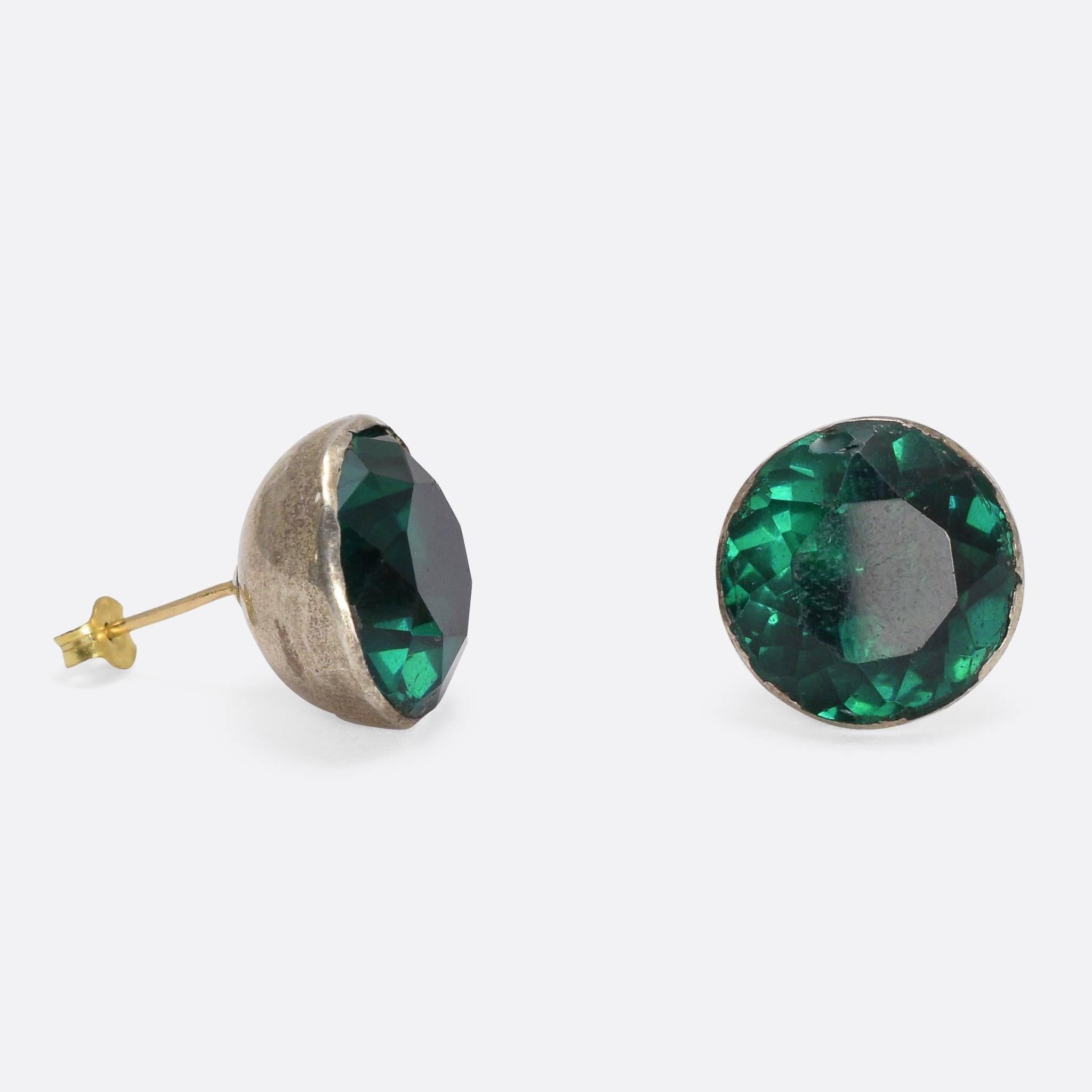 These marvellous antique earrings are super big… They measure 1.6cm across, each one set with a gorgeous deep green foil-backed paste stone. These earrings were made at a time when paste gems could command as much (if not more) than natural