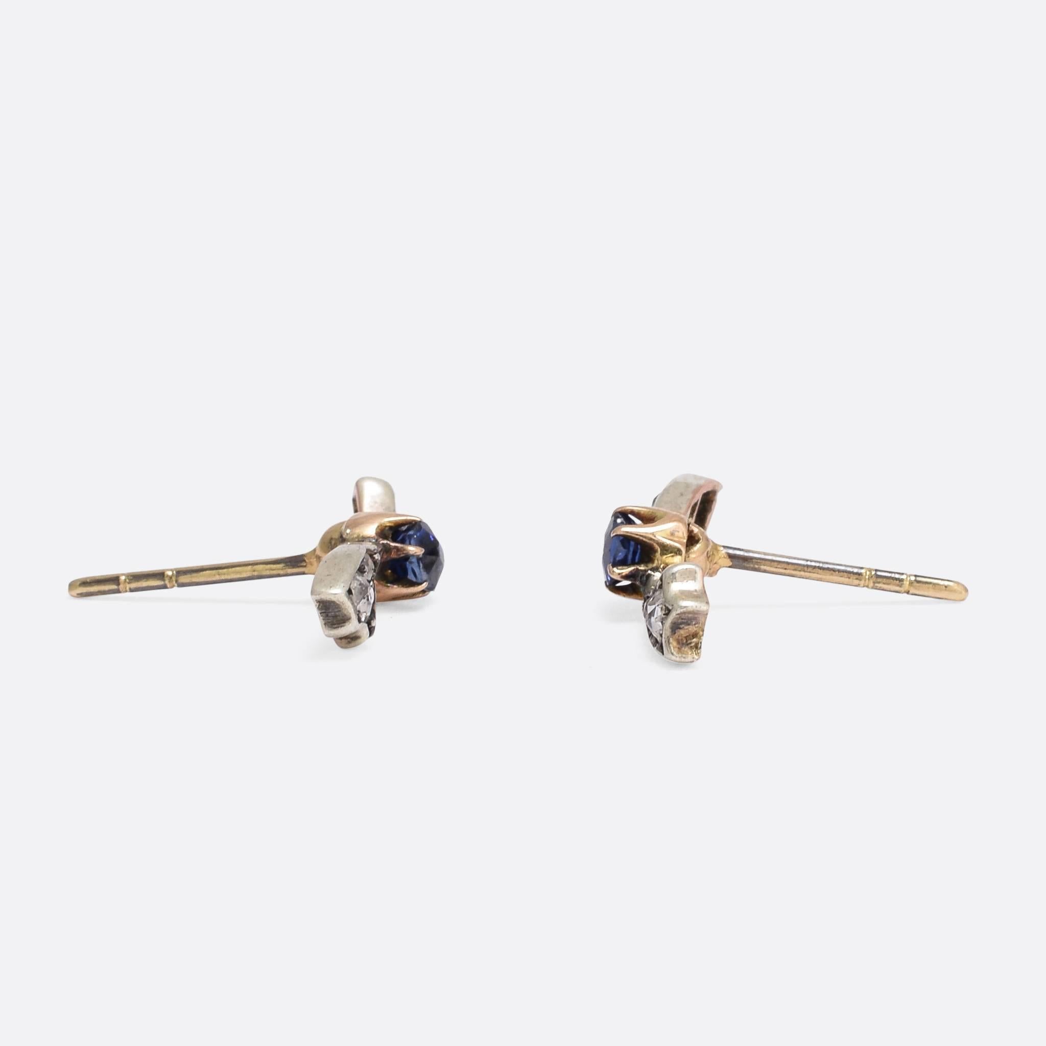 We've created this attractive pair of Stud Earrings from an Edwardian era brooch. They're set with diamonds and vivid lab-grown sapphires - of exceptional colour. They measure 1.8cm long, modelled in 9k gold and silver with a lovely antique patina.