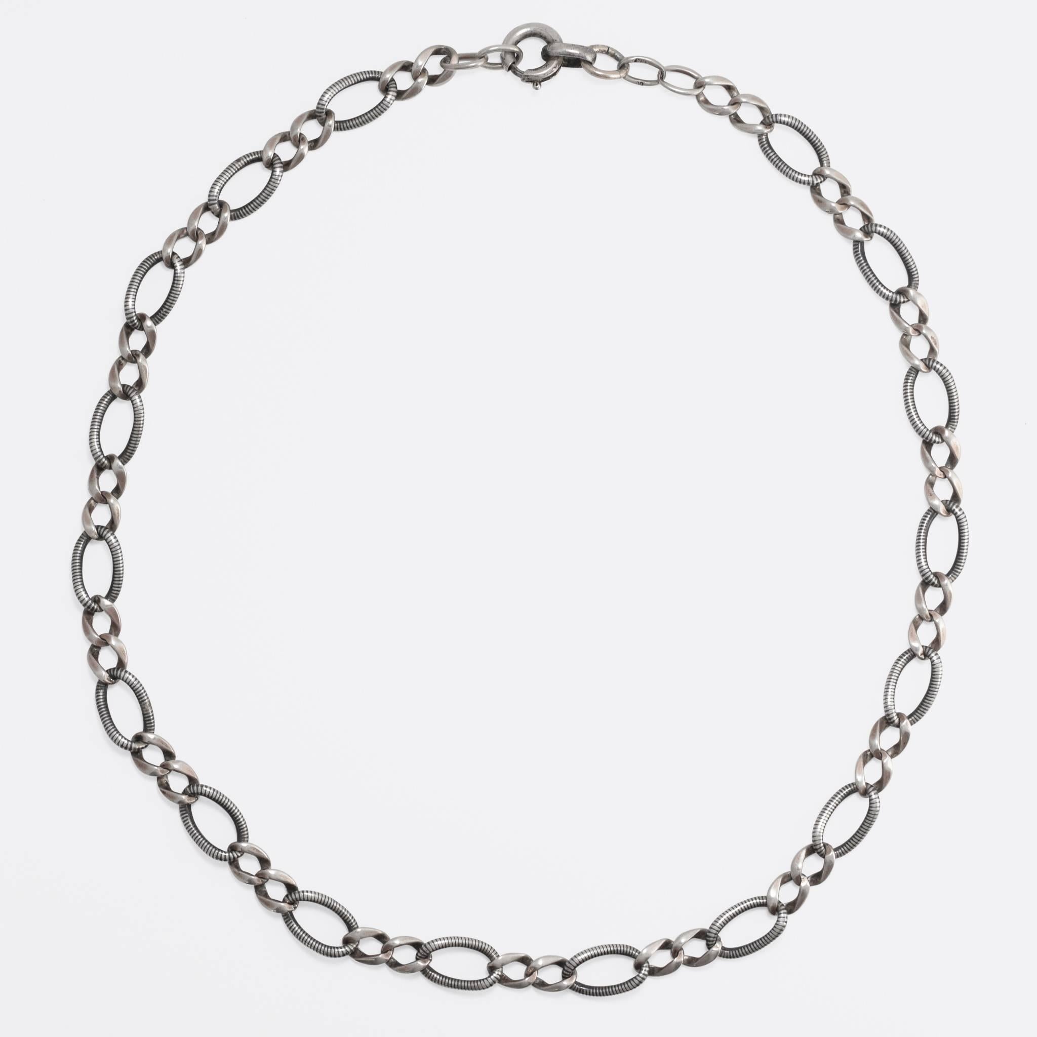1920s Art Deco Niello Silver Curb-Link Chain In Excellent Condition In Sale, Cheshire