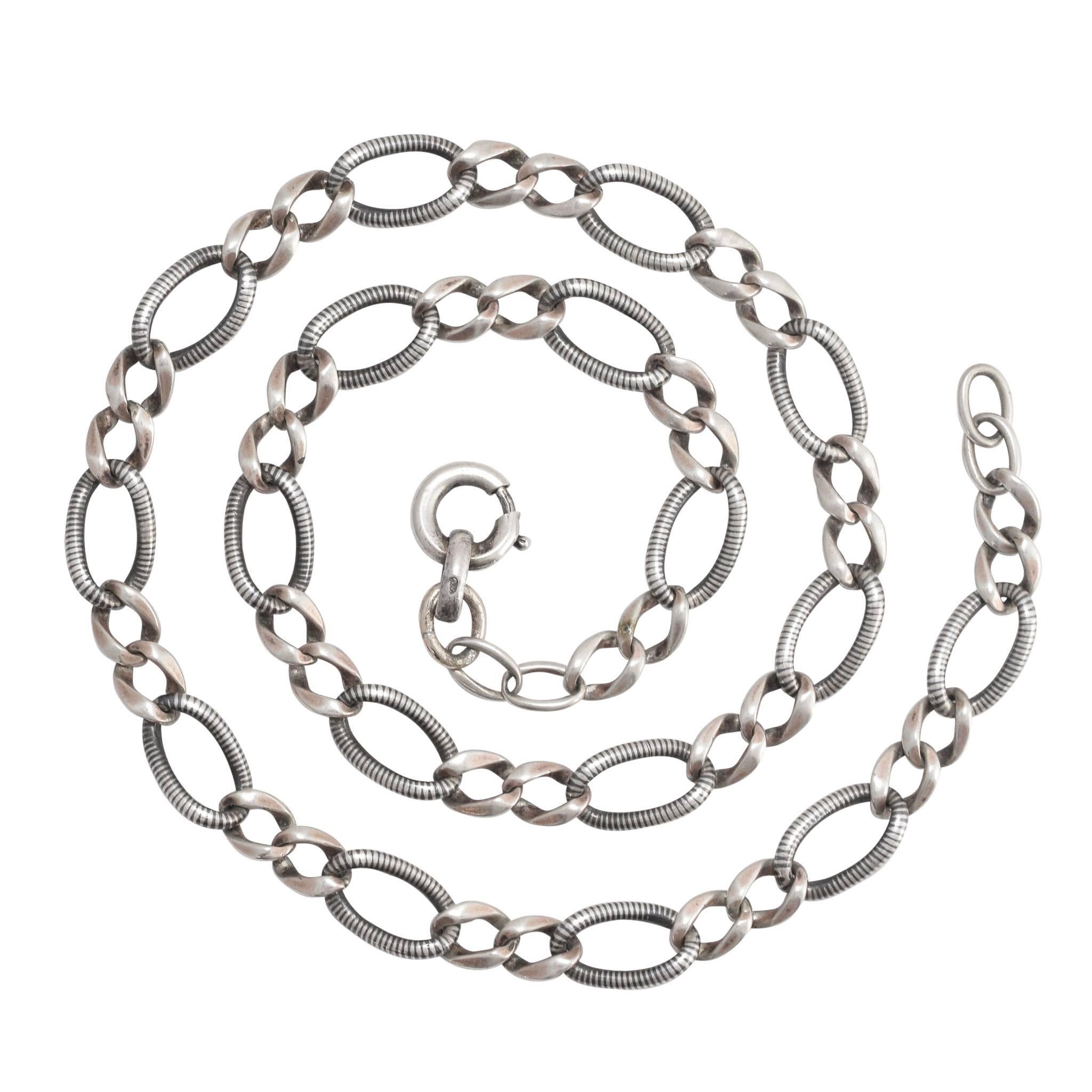 1920s Art Deco Niello Silver Curb-Link Chain