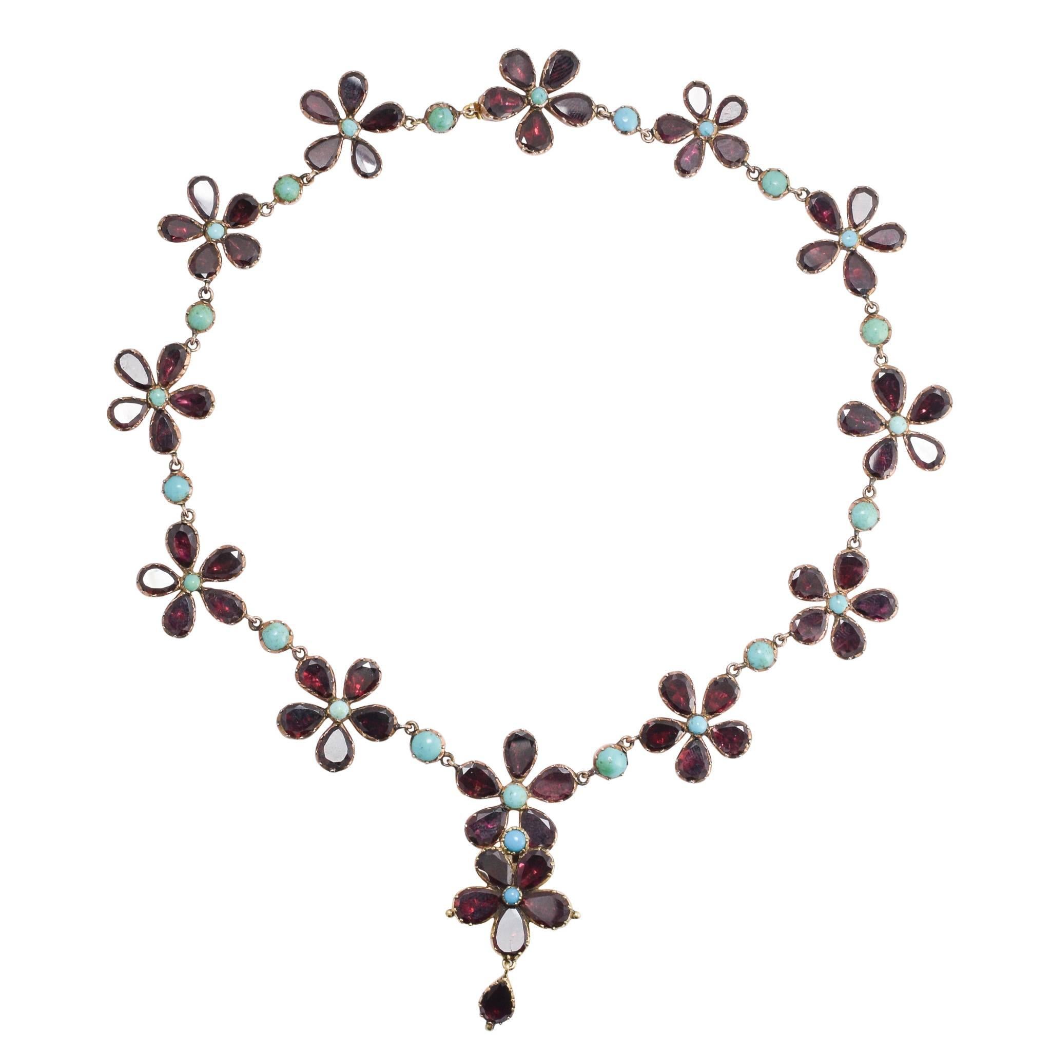 Antique Georgian Garnet Turquoise Flower Rivière Necklace