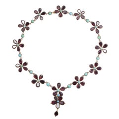 Antique Georgian Garnet Turquoise Flower Rivière Necklace