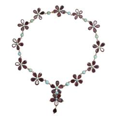 Antique Georgian Garnet Turquoise Flower Rivière Necklace 6