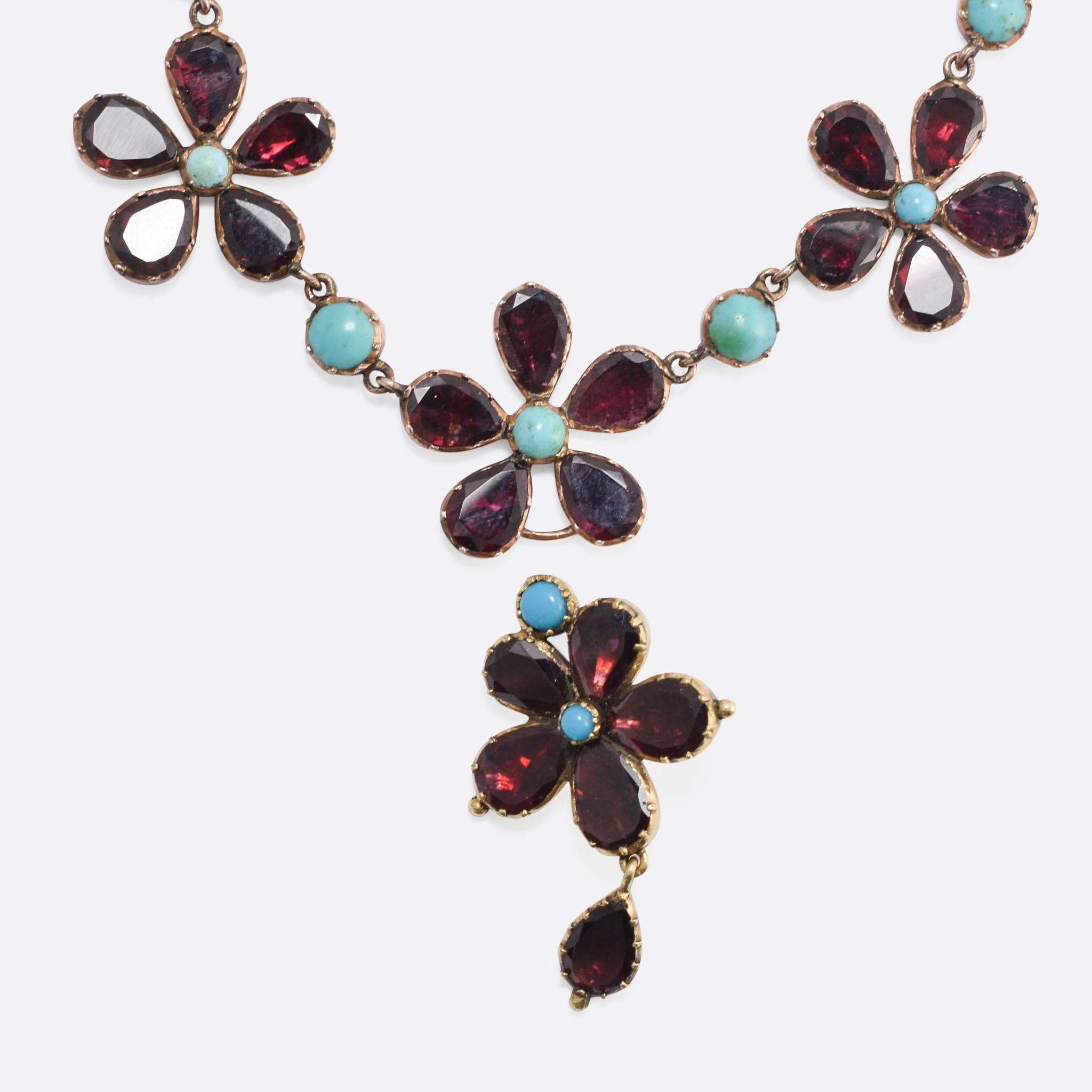 George III Antique Georgian Garnet Turquoise Flower Rivière Necklace