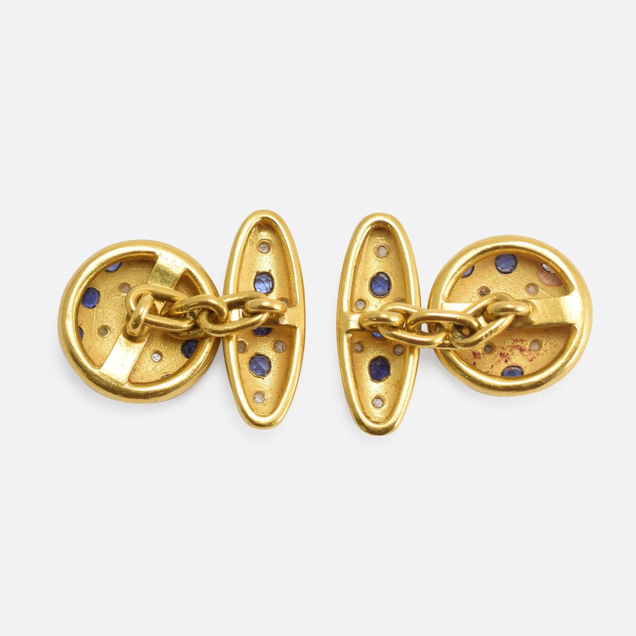Antique Victorian Sapphire Diamond Gold Cufflinks In Excellent Condition In Sale, Cheshire