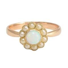 Victorian Opal Pearl Yellow Gold Flower Cluster Ring