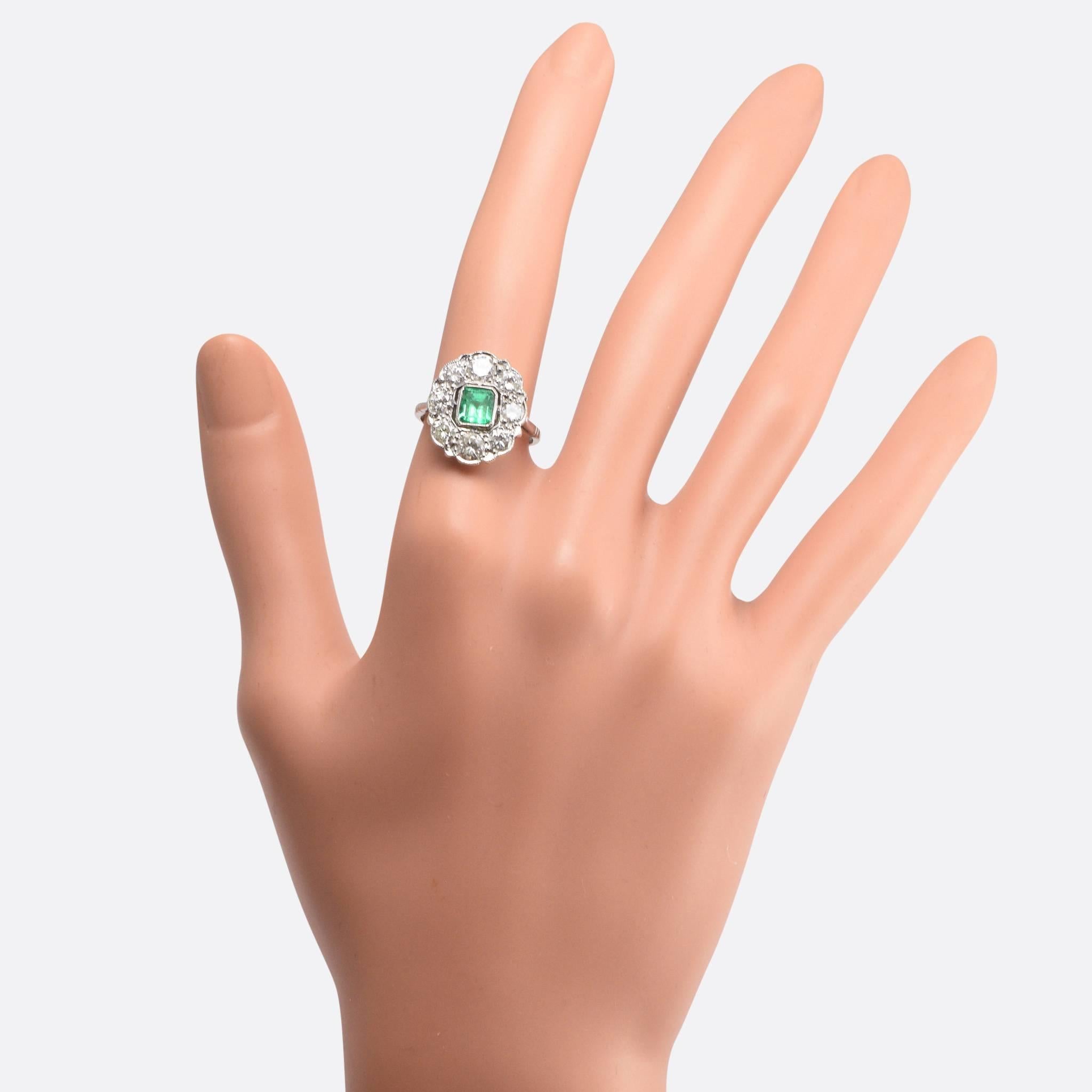 1920s Art Deco Emerald Diamond Flower Cluster Ring 1