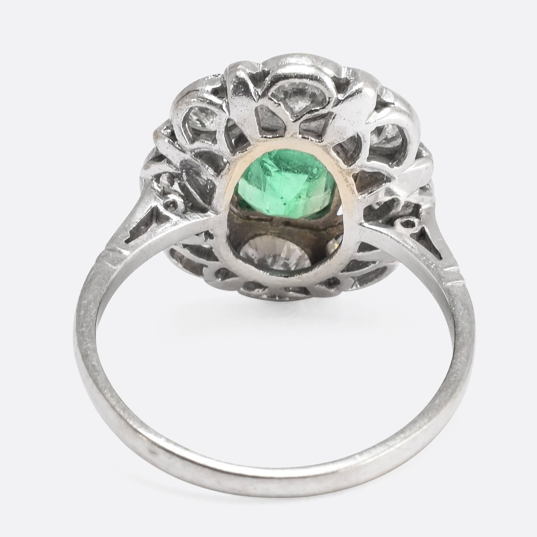 1920s Art Deco Emerald Diamond Flower Cluster Ring In Excellent Condition In Sale, Cheshire