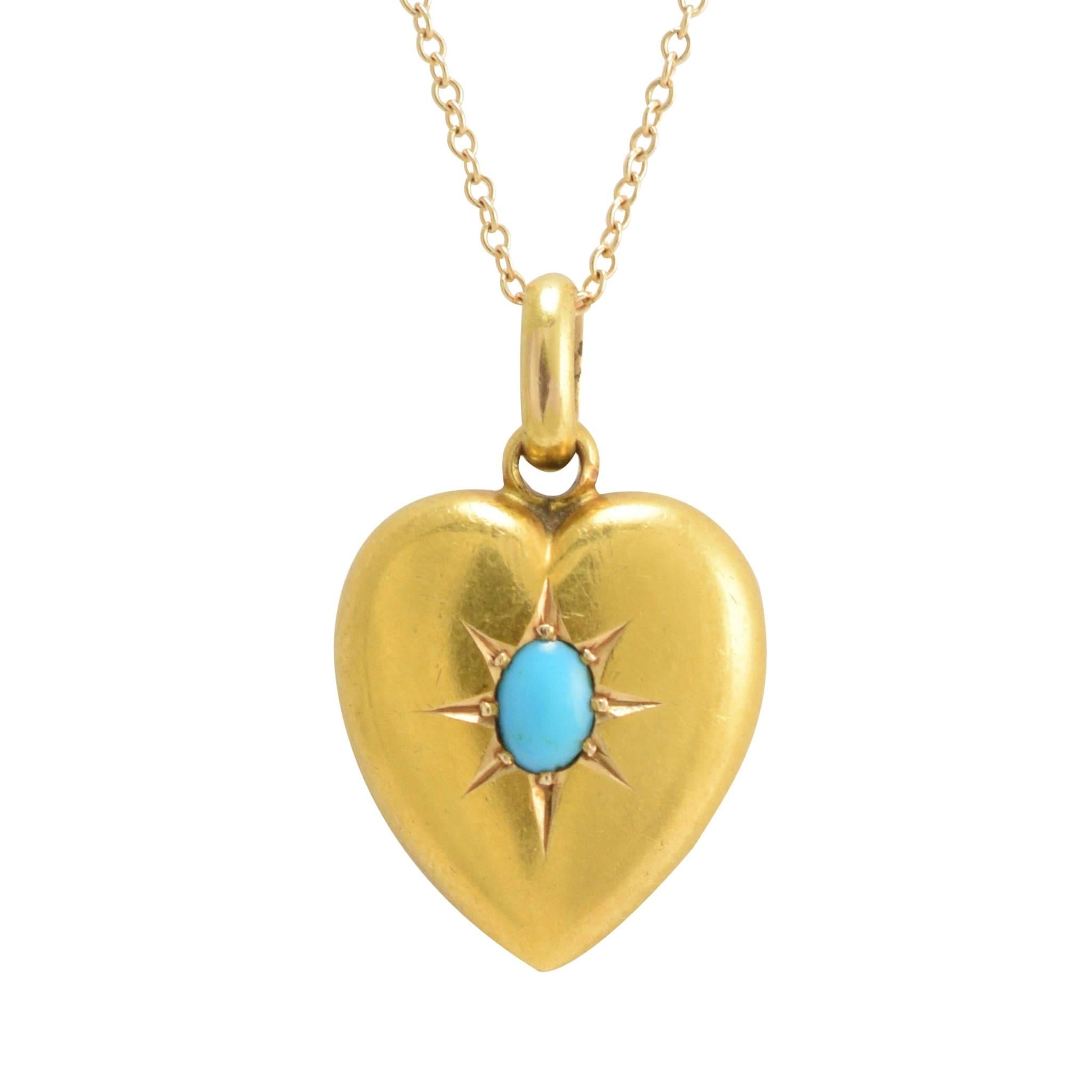 Edwardian Turquoise Puffed Heart Gold Pendant