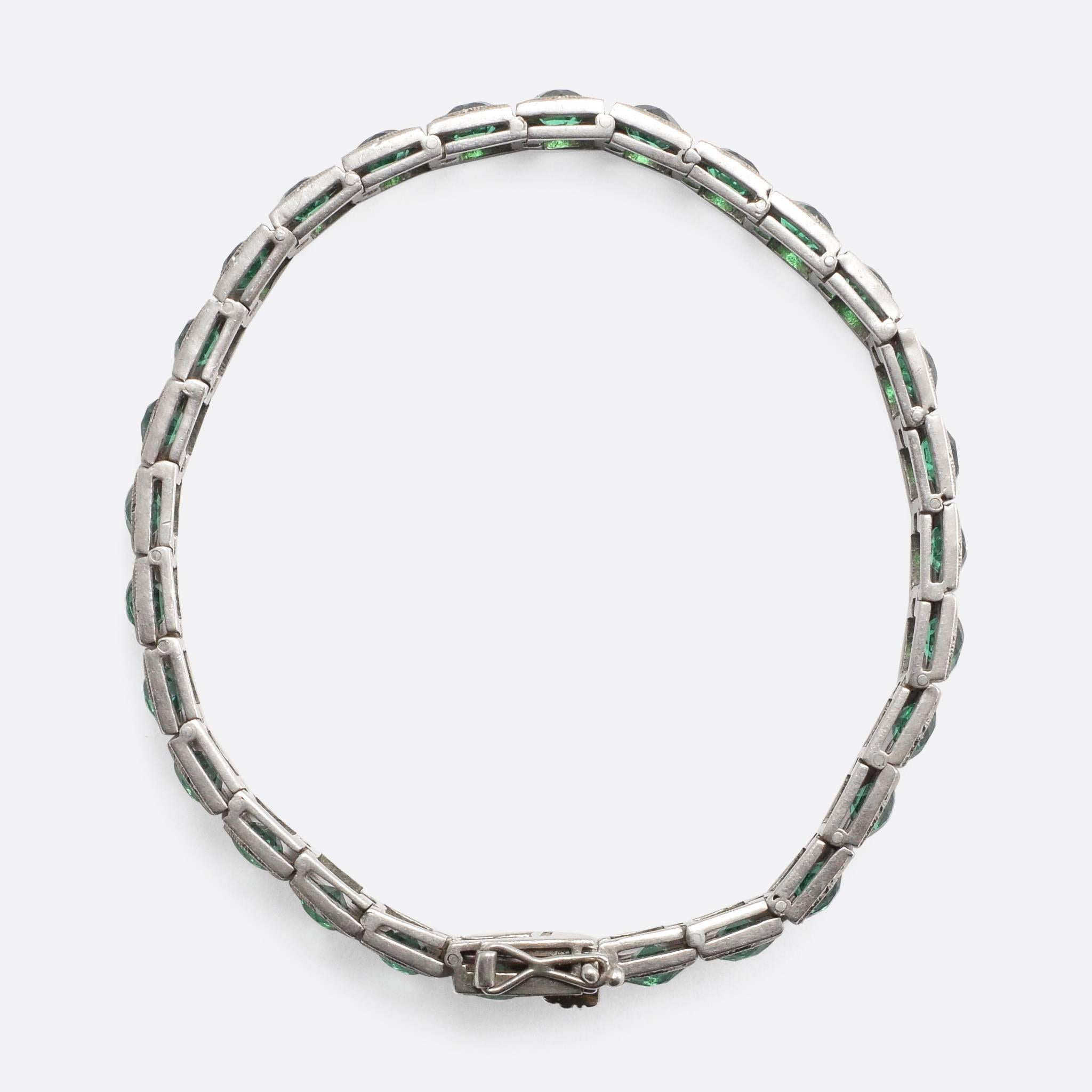 1920s Art Deco Green Paste Marcasite Silver Tennis Bracelet In Excellent Condition In Sale, Cheshire