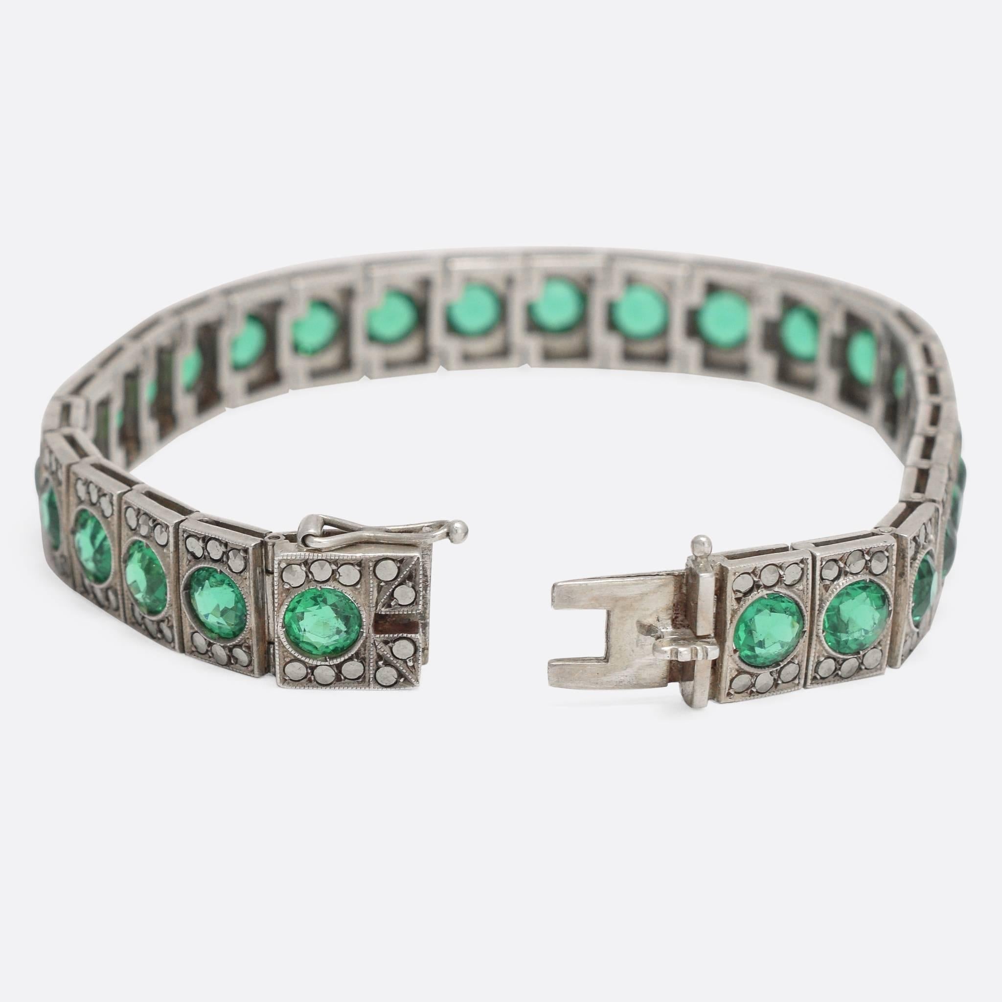 Women's 1920s Art Deco Green Paste Marcasite Silver Tennis Bracelet