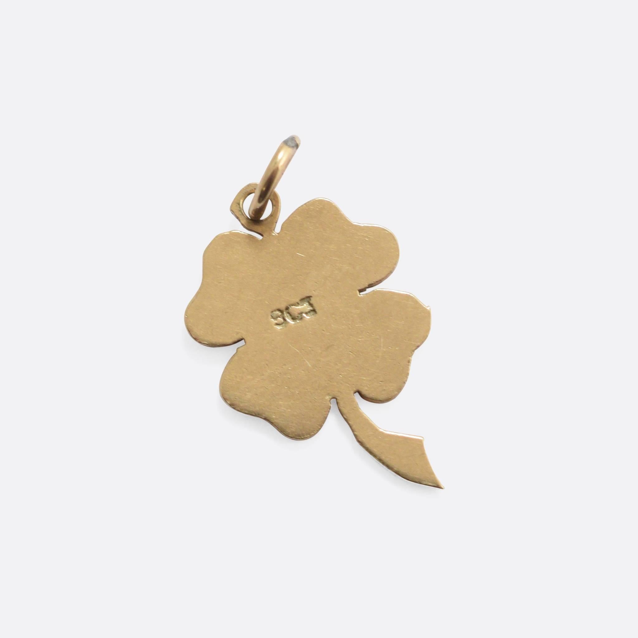 This pretty little pendant will bring the wearer good luck. It's modelled as a rare four-leaf clover, a genetic mutation means that these particular plants have one extra leaf and are therefore much rarer than their three-leaved cousins. Not to be