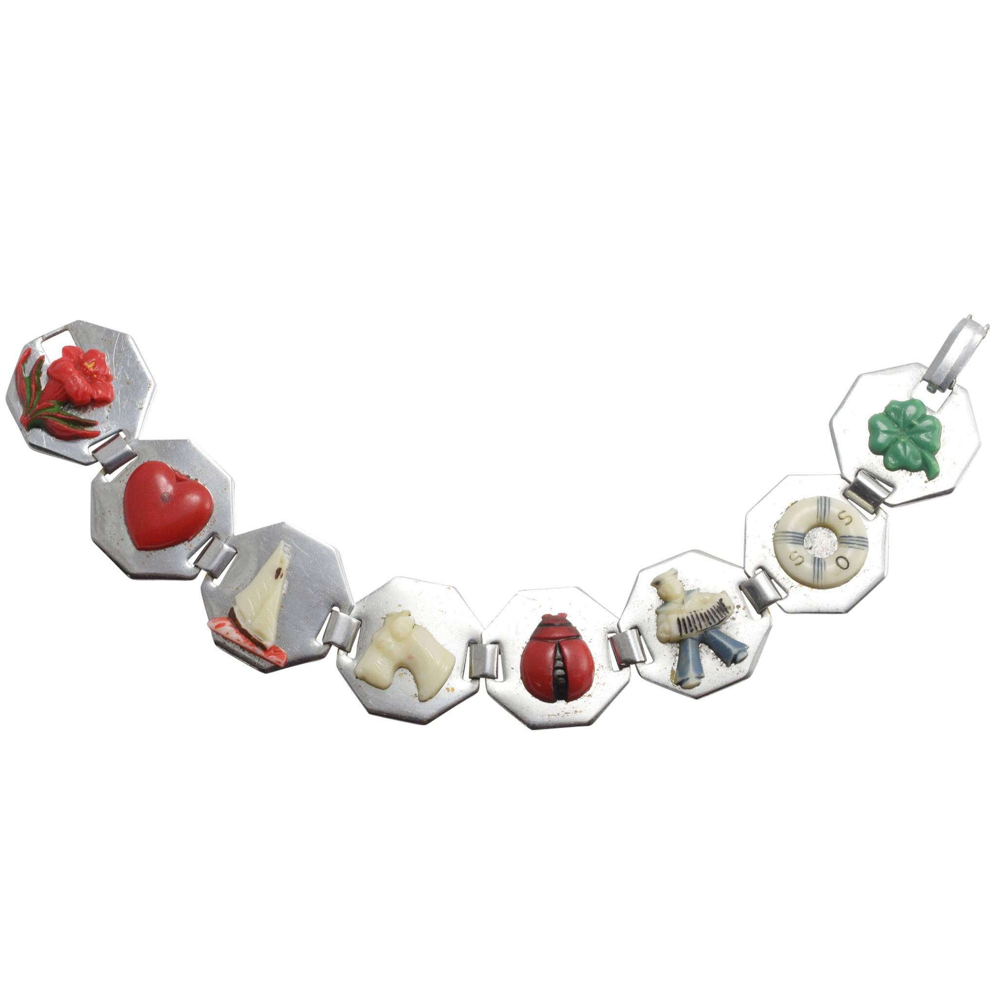 1920s Painted Celluloid Chrome Charm Bracelet