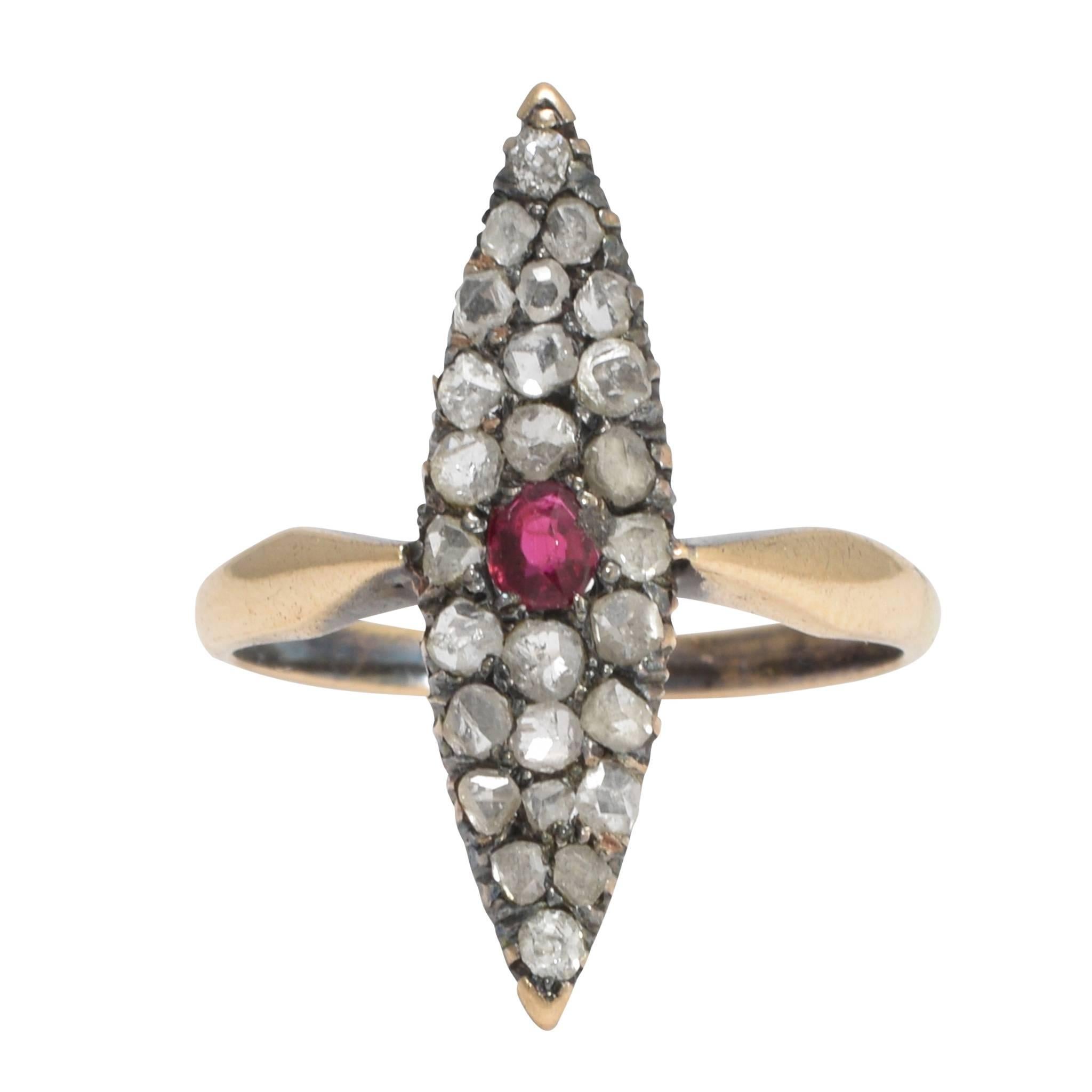 Antique Victorian Ruby Diamond Gold Marquise Cluster Ring