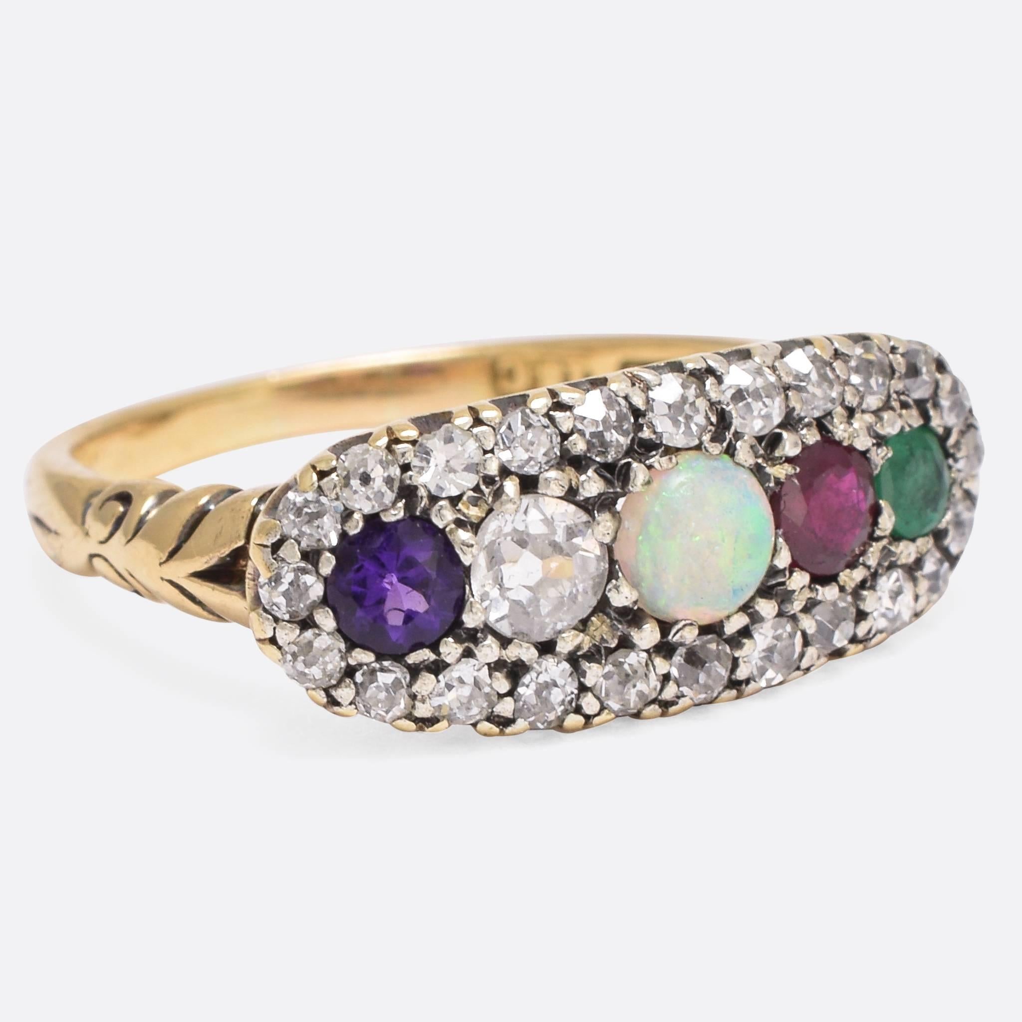 A rare and beautiful antique Acrostic ring, the principal stones spell out the popular romantic sentiment "ADORE" - taking the first letter of each stone to make up the secret message. Amethyst, Diamond, Opal, Ruby and Emerald. This is a