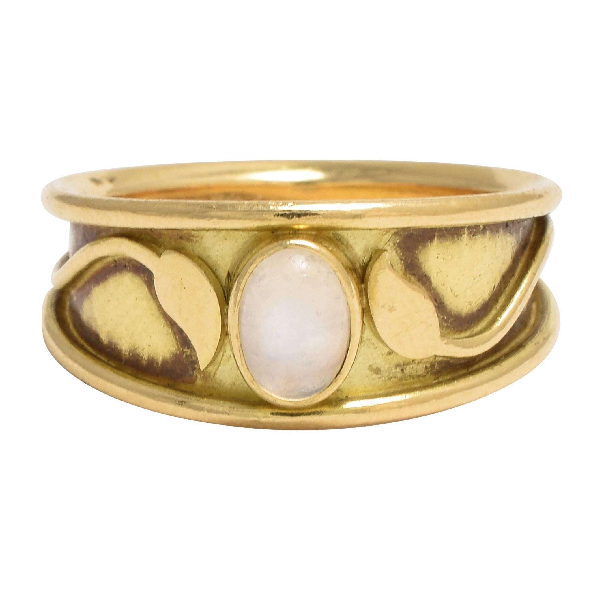 1970s Elizabeth Gage Moonstone Leaf Gold Ring