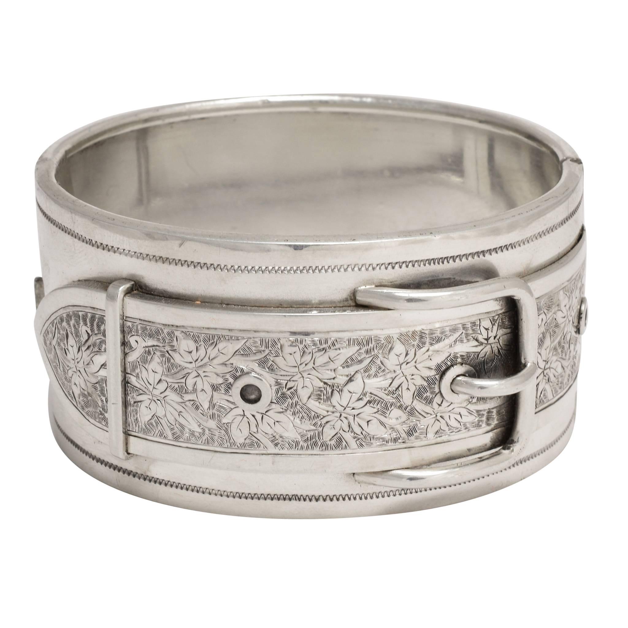 Antique Victorian "Ivy Buckle" Silver Cuff Bangle