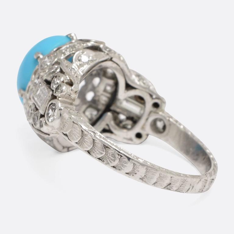1930s Art Deco Persian Turquoise Diamond Platinum Tail Ring At Baguette Cut 1930s Art Deco Persian Turquoise Diamond Platinum Tail Ring For