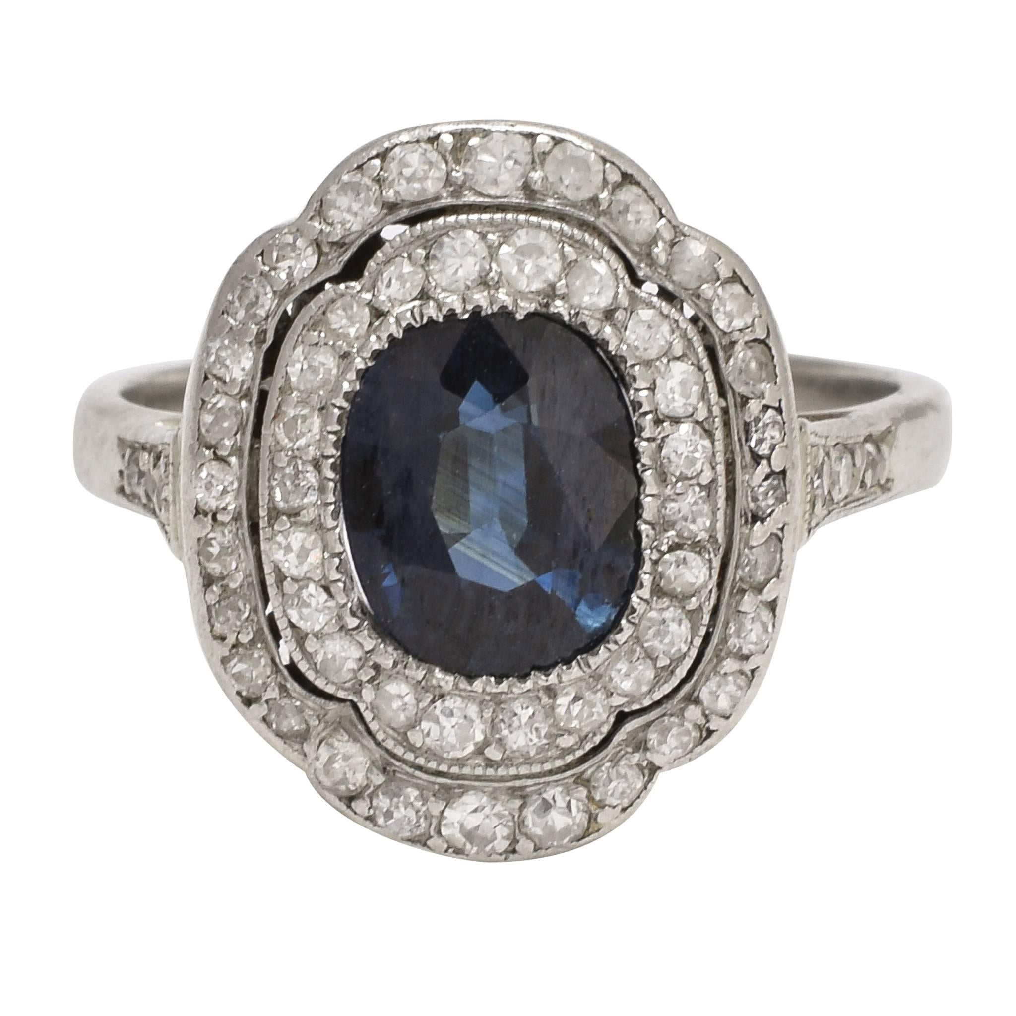 Art Deco Sapphire and Diamond Halo Cocktail Ring