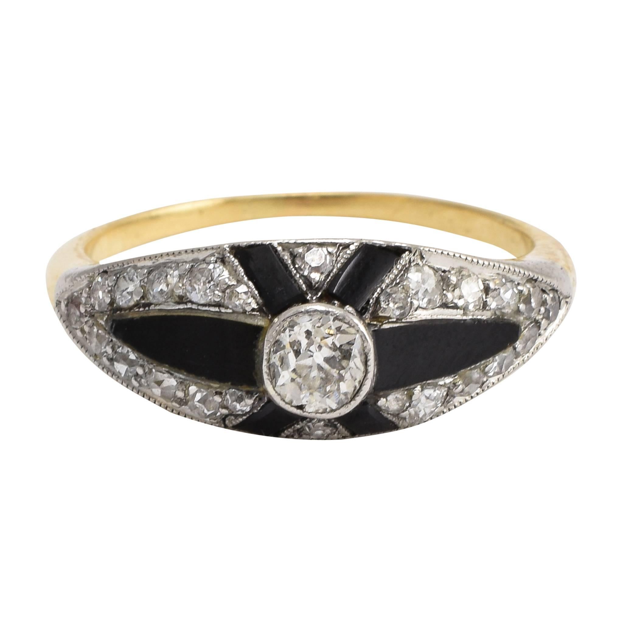 Art Deco Onyx Diamond X Cocktail Ring