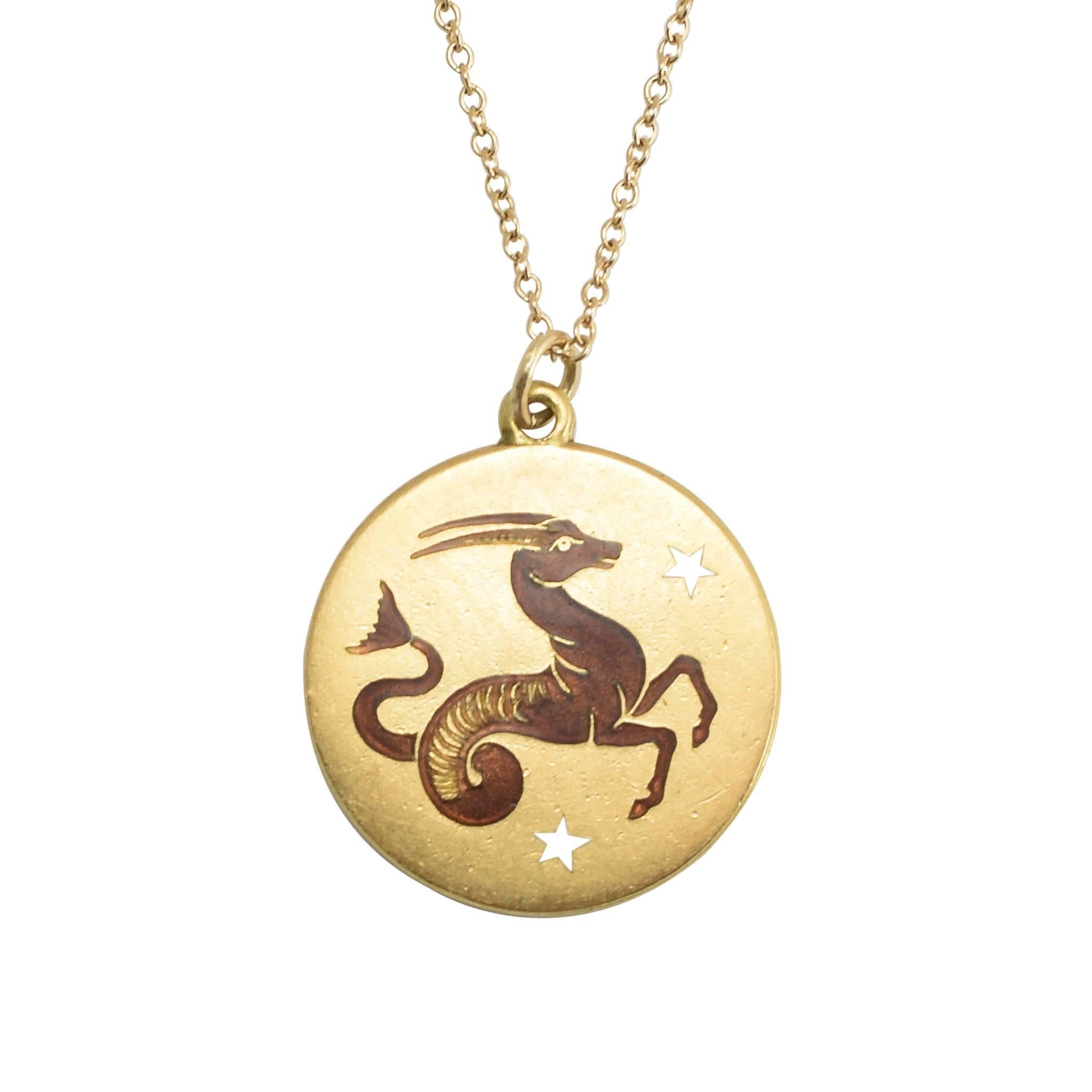 Vintage Capricorn Enameled Gold Medallion Pendant