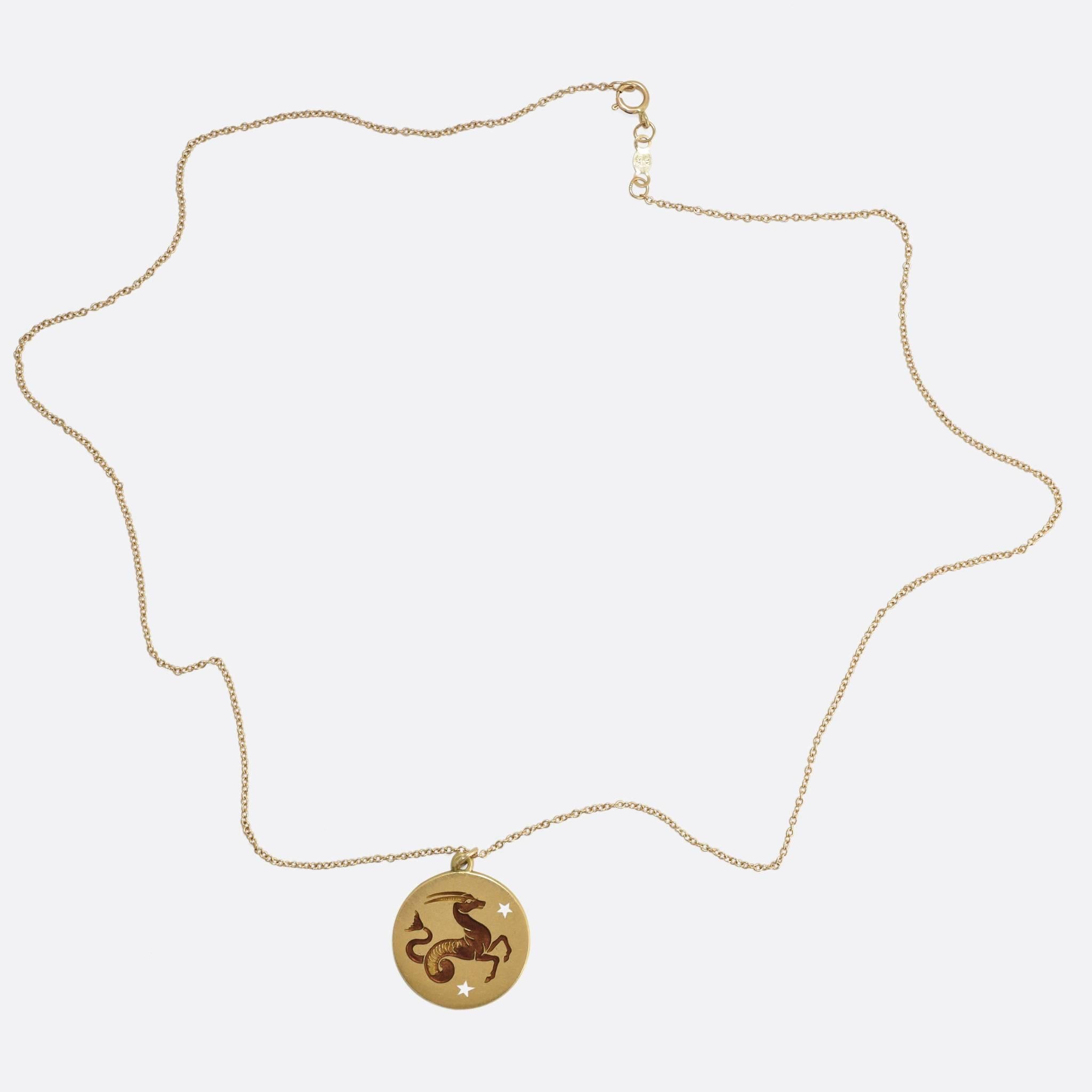 A seriously cool vintage Capricorn medallion pendant, modelled in 18k gold with superb vitreous enamelling. I'm a Capricorn, so how could I have resisted it? All of my discipline and self control goes out of the window when presented with