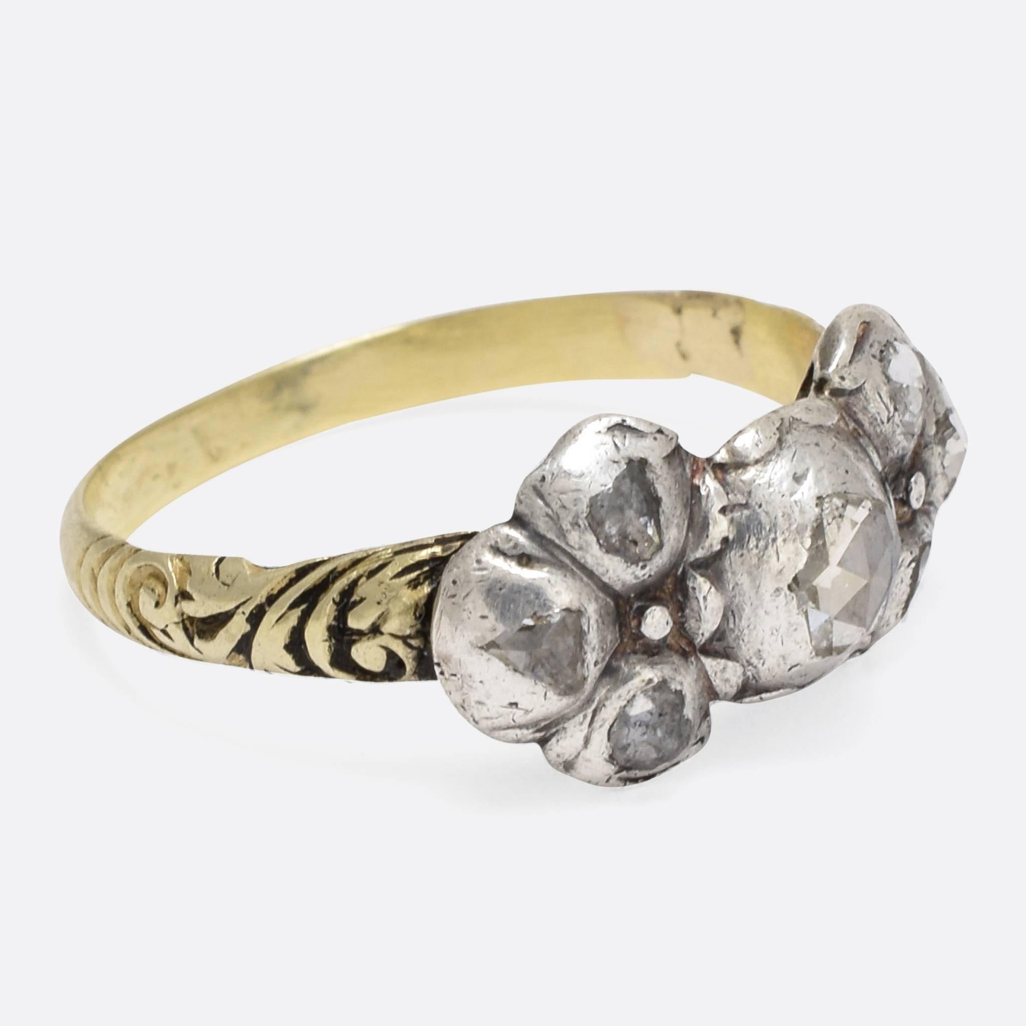 A stunning 17th Century (!!) Portuguese diamond bow ring, one of the nicest I've seen. It's a great size, more dainty than most, with excellent detailing to the head and a black enamelled band with scrolled and foliate decoration. The back of the