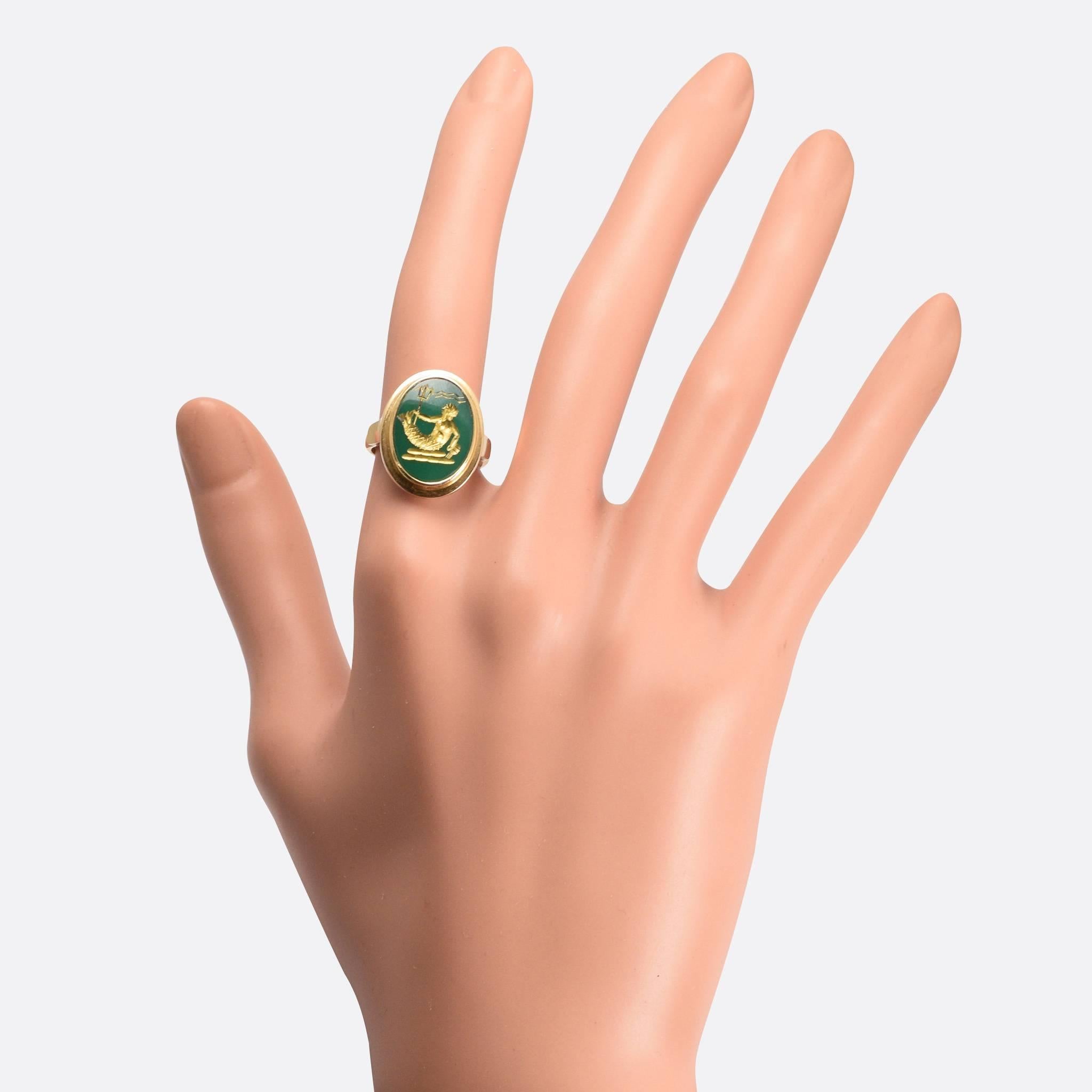 Women's or Men's 1960s Poseidon Intaglio Gold Signet Ring