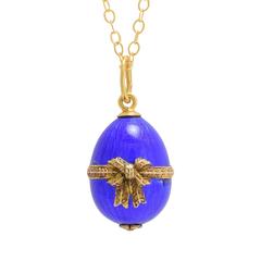 Ananov Blue Enamel Bow Russian Miniature Egg Pendant 4