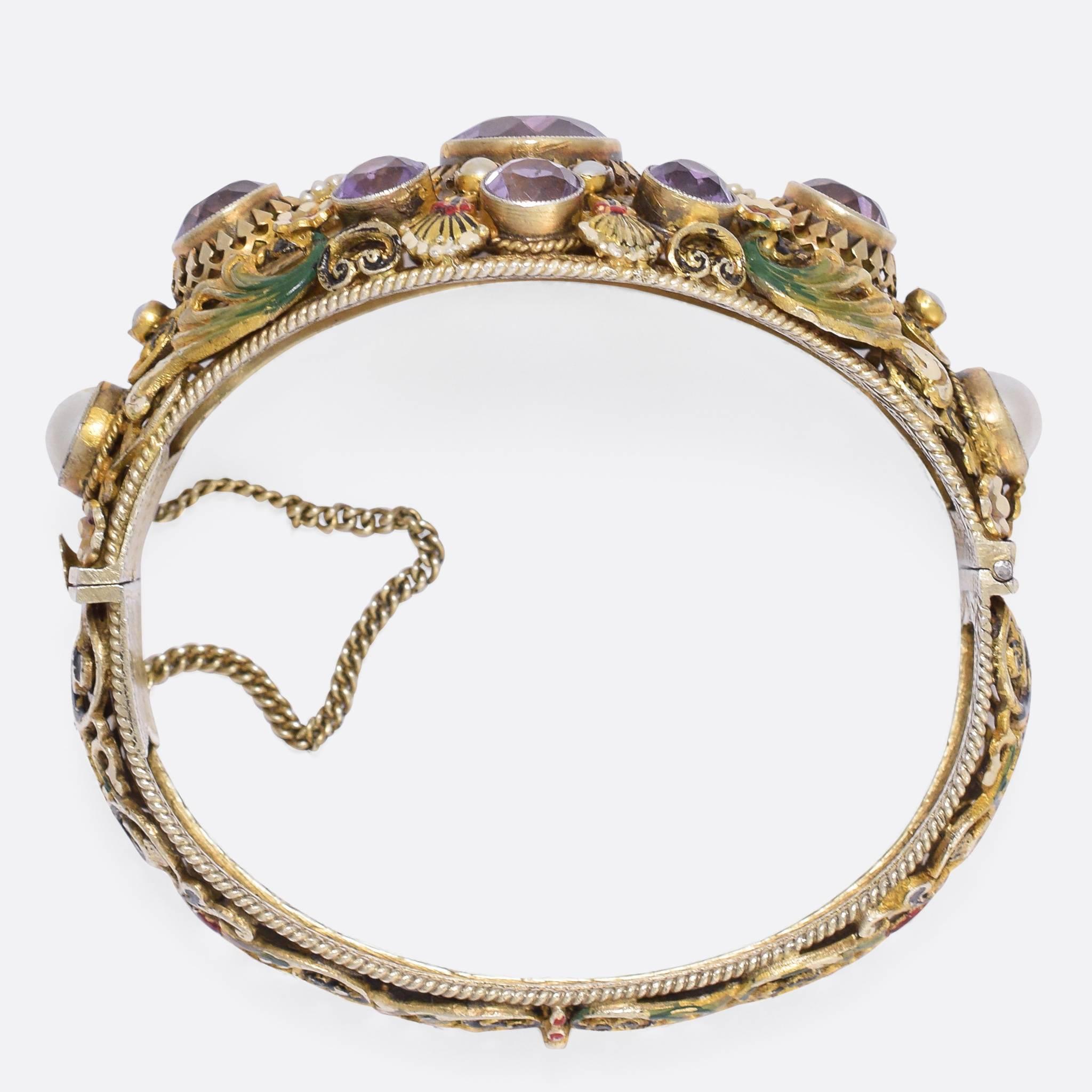 19th Century Austro-Hungarian Amethyst Pearl Enamel Bangle In Good Condition In Sale, Cheshire
