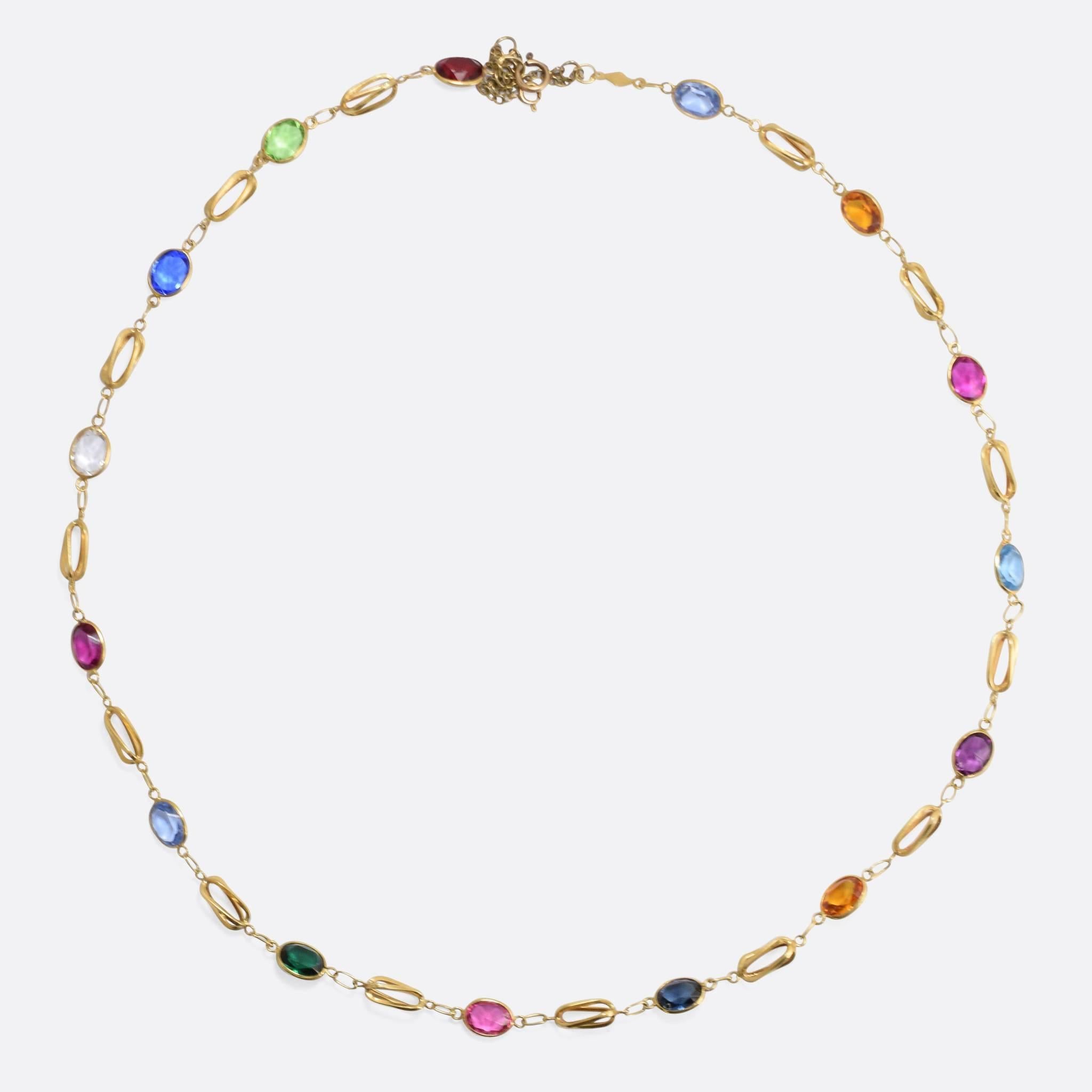 A cool multi-stone gem set necklace, with a 3D spiral link between each coloured gemstone. Modelled in 18k yellow gold, complete with fine safety chain.