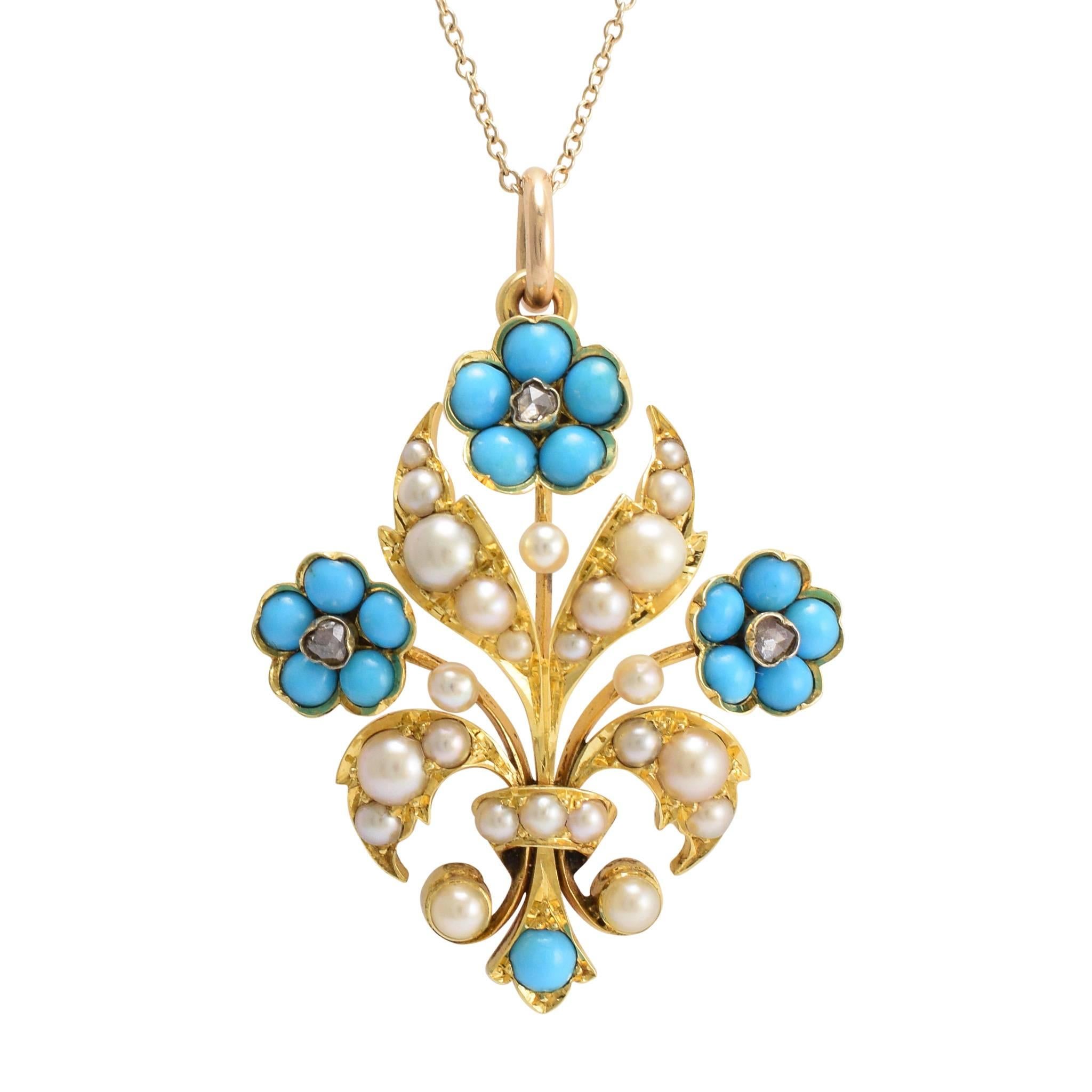 Antique Victorian Turquoise Pearl Diamond Flower Pendant Necklace