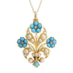 Antique Victorian Turquoise Pearl Diamond Flower Pendant Necklace 1