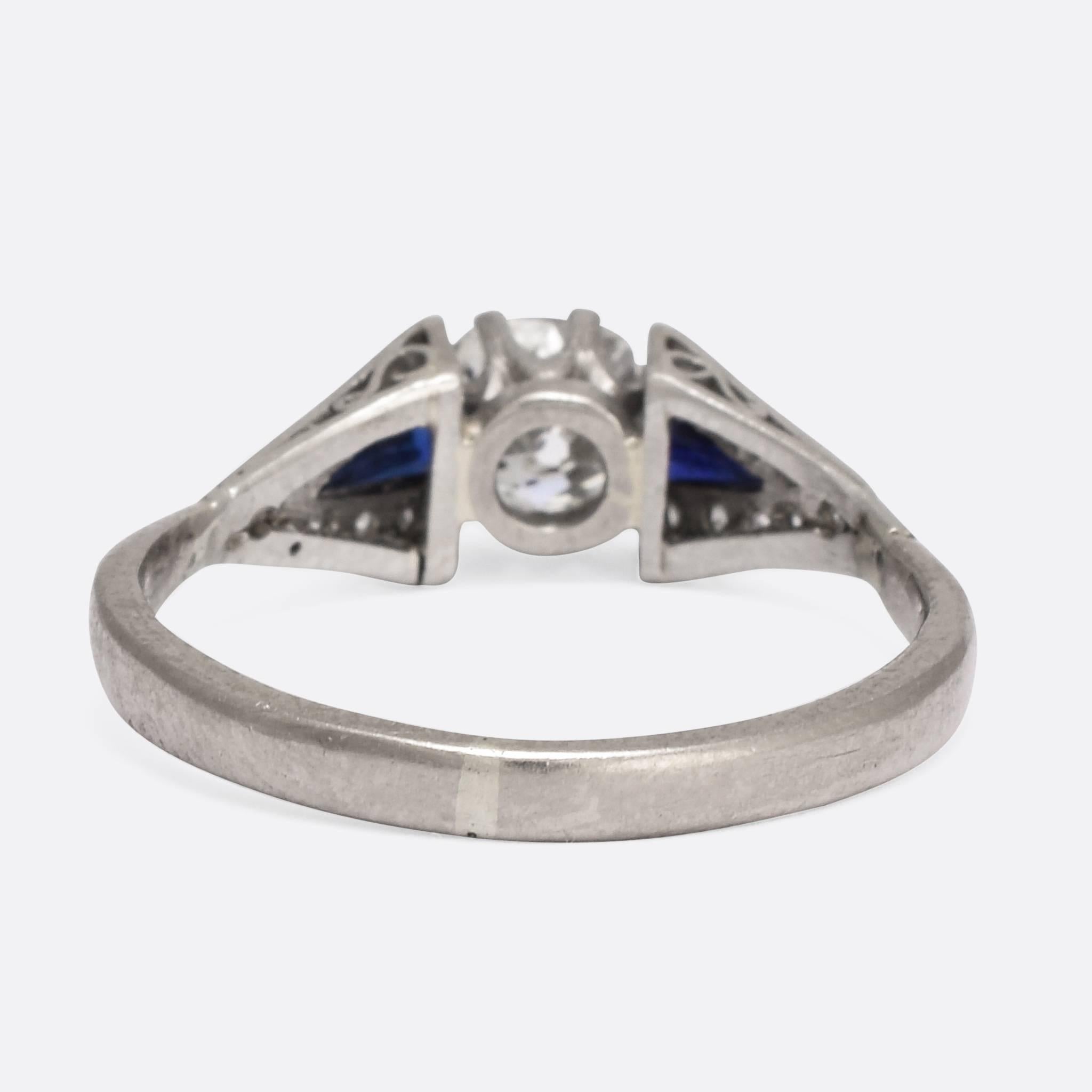 1920s Art Deco Diamond Sapphire Engagement Ring In Excellent Condition In Sale, Cheshire