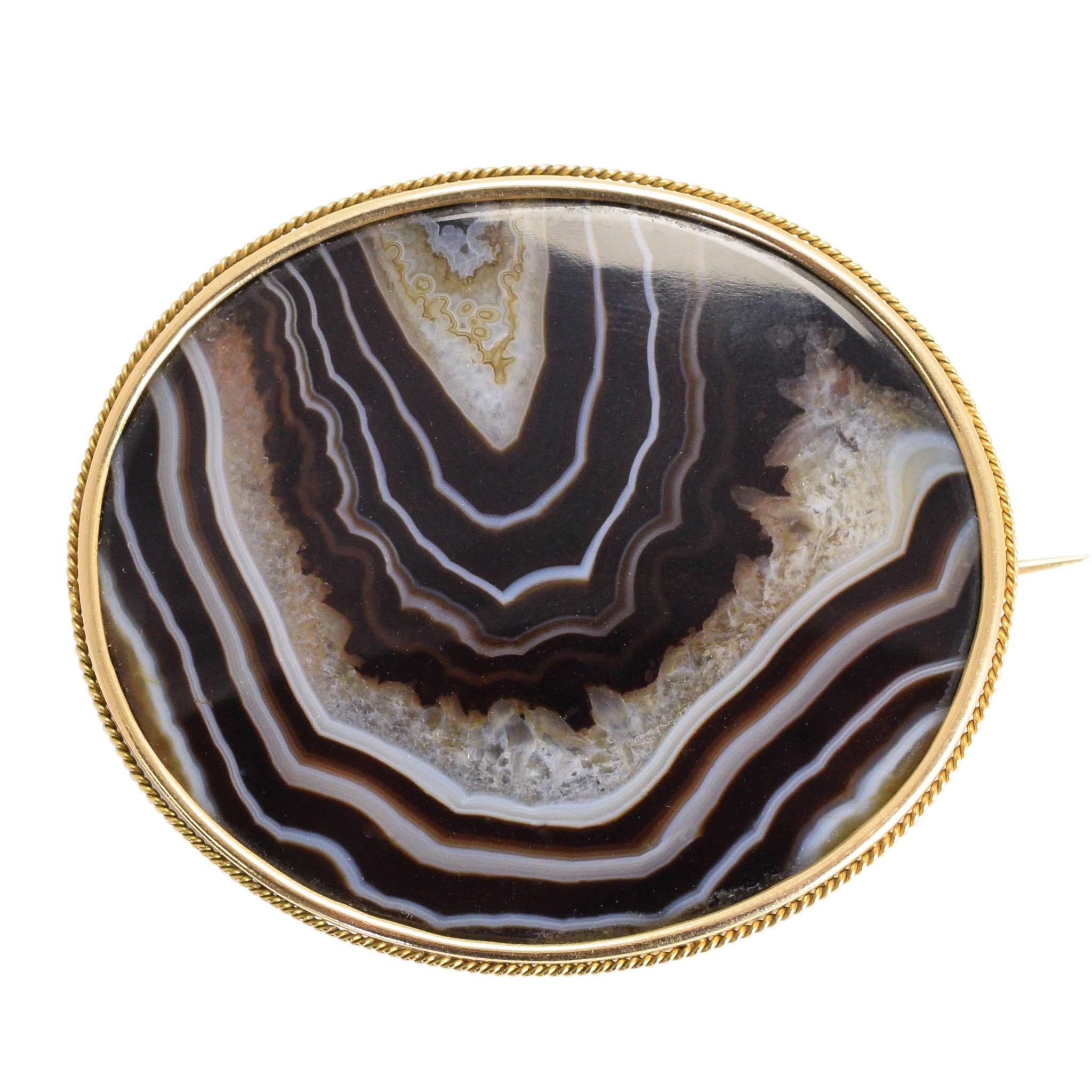 Antique Imperial Russian Banded Agate Gold Brooch