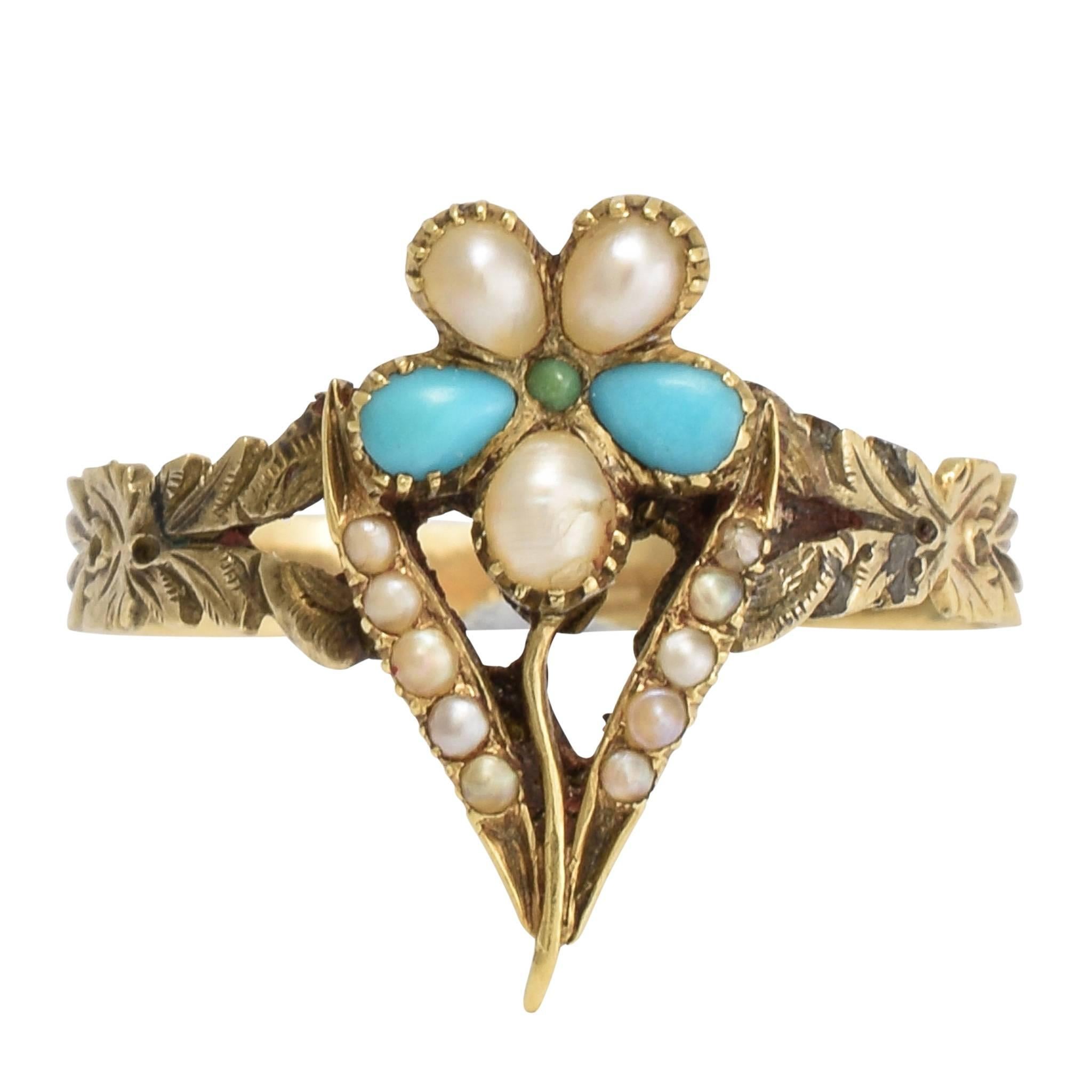 Antique Regency Period Turquoise Pearl Pansy Ring