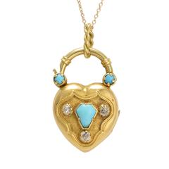Antique Georgian Turquoise Diamond Gold Heart Locket